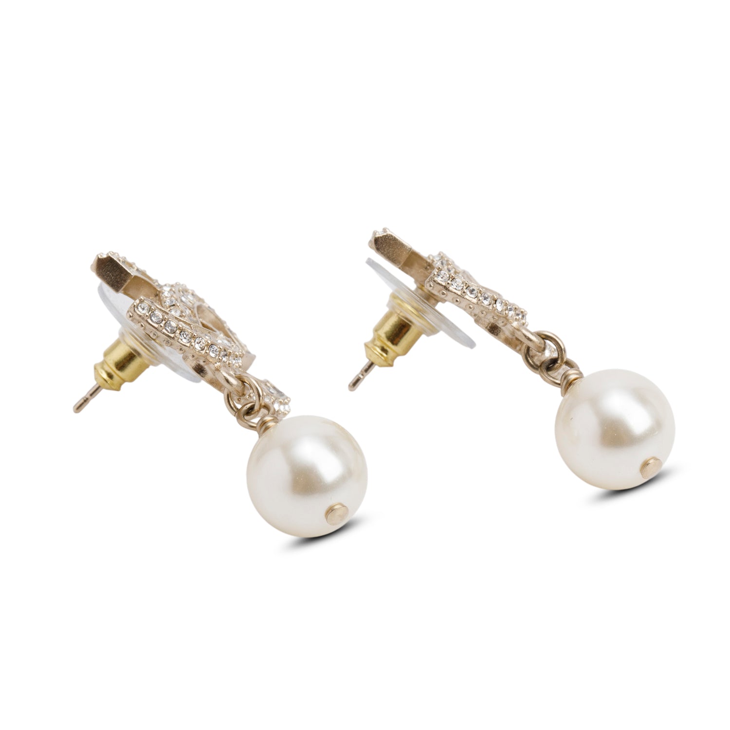 Chanel 2025 Gold-Plated Faux Pearl & Strass CC Drop Earrings w/ Box