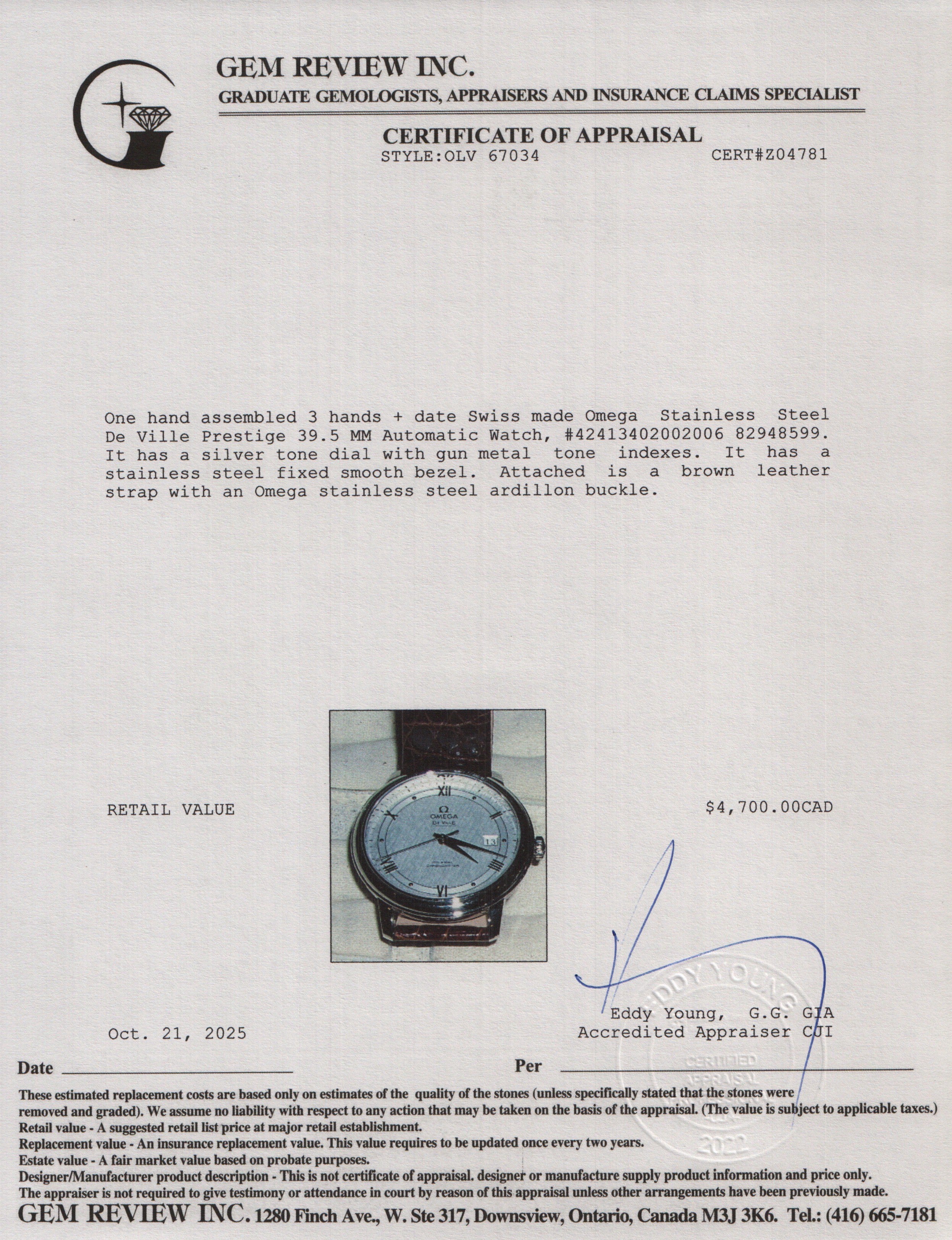 Omega 2021 Stainless Steel De Ville Prestige 39.5 MM Automatic Watch Silver Dial w/ Box & Papers