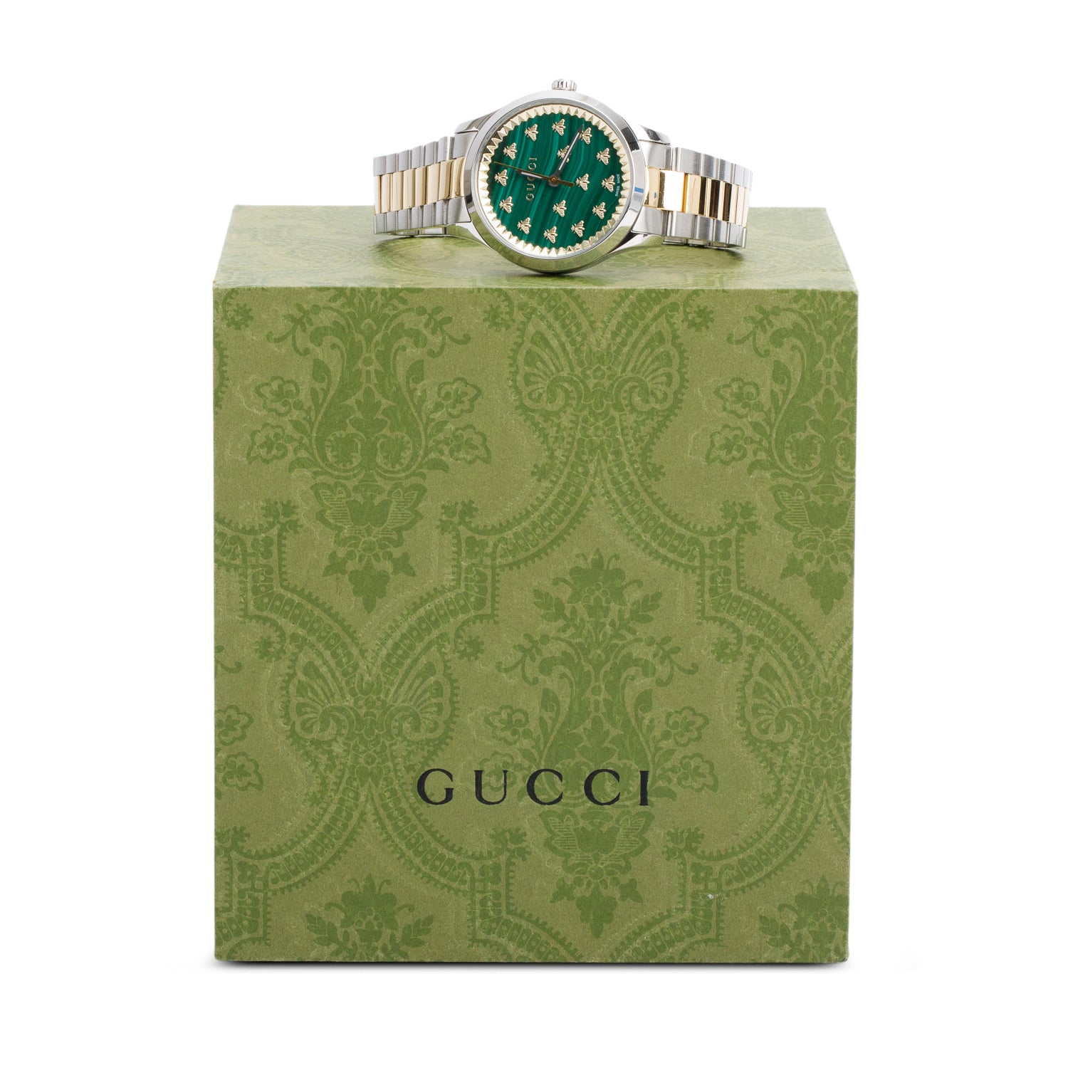 Gucci Stainless Steel & 18k Yellow Gold G-Timeless 32 MM Quartz Watch Green Dial YA1265042 w/ Box