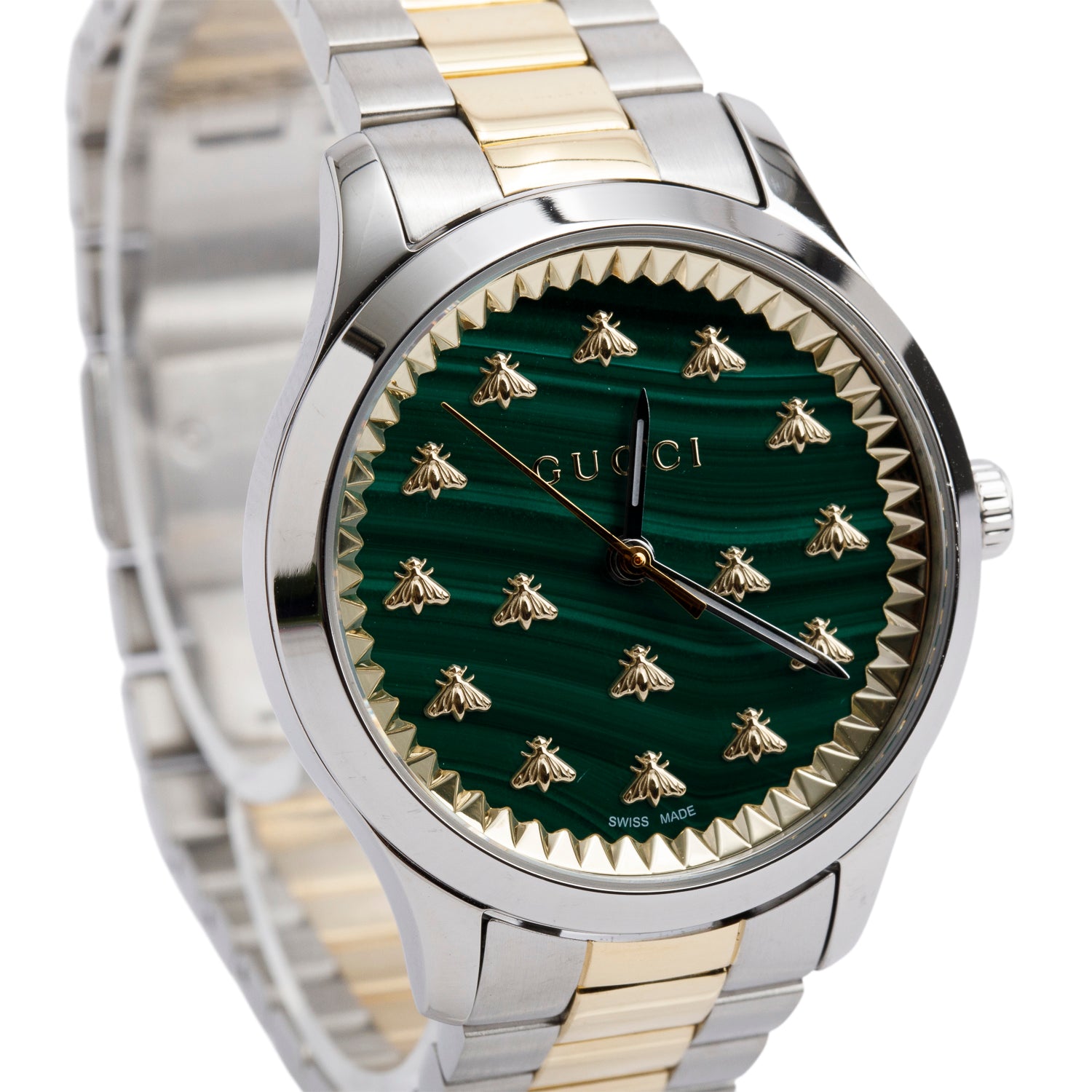Gucci Stainless Steel & 18k Yellow Gold G-Timeless 32 MM Quartz Watch Green Dial YA1265042 w/ Box