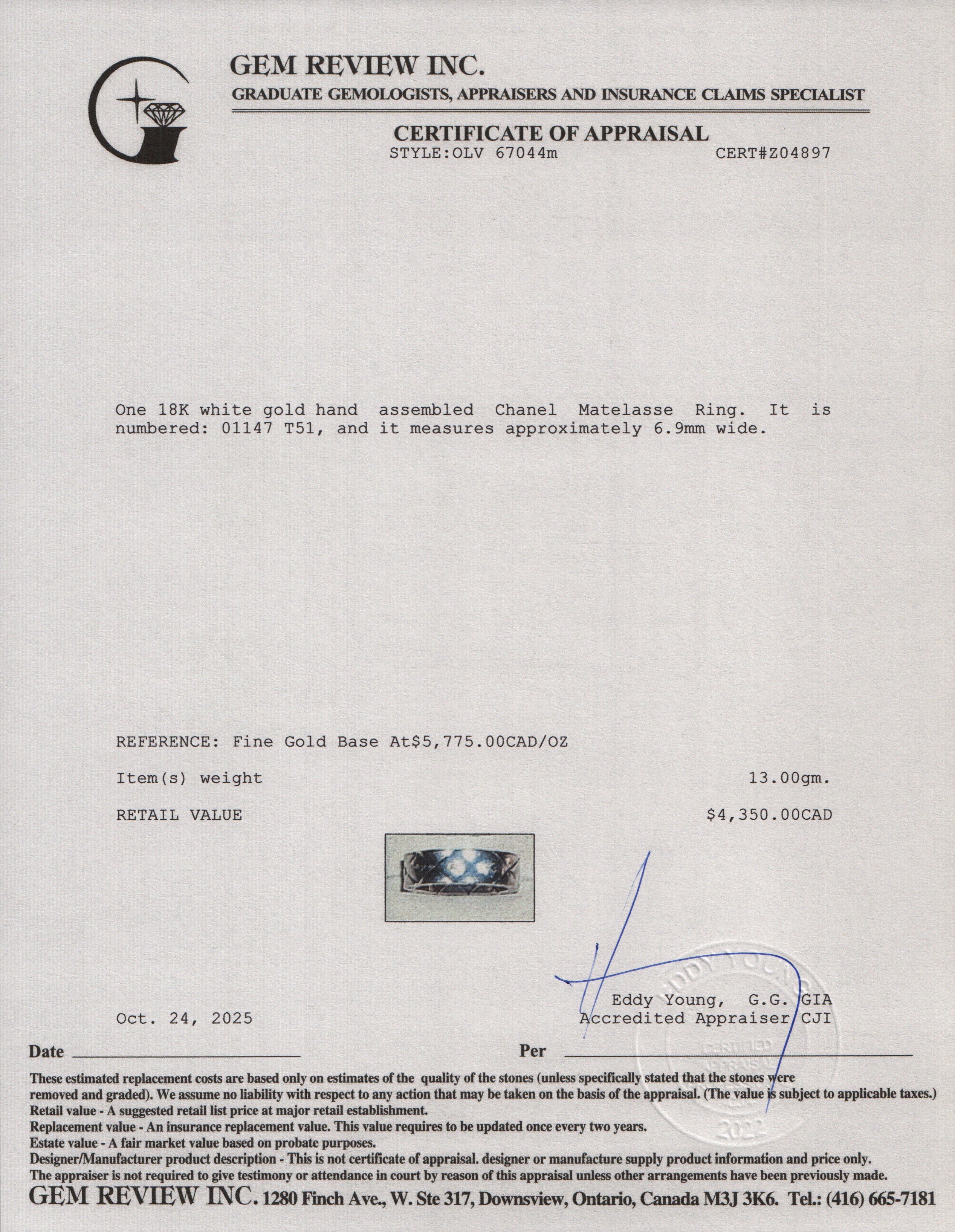 Chanel 18k White Gold Matelasse Ring, Size 6