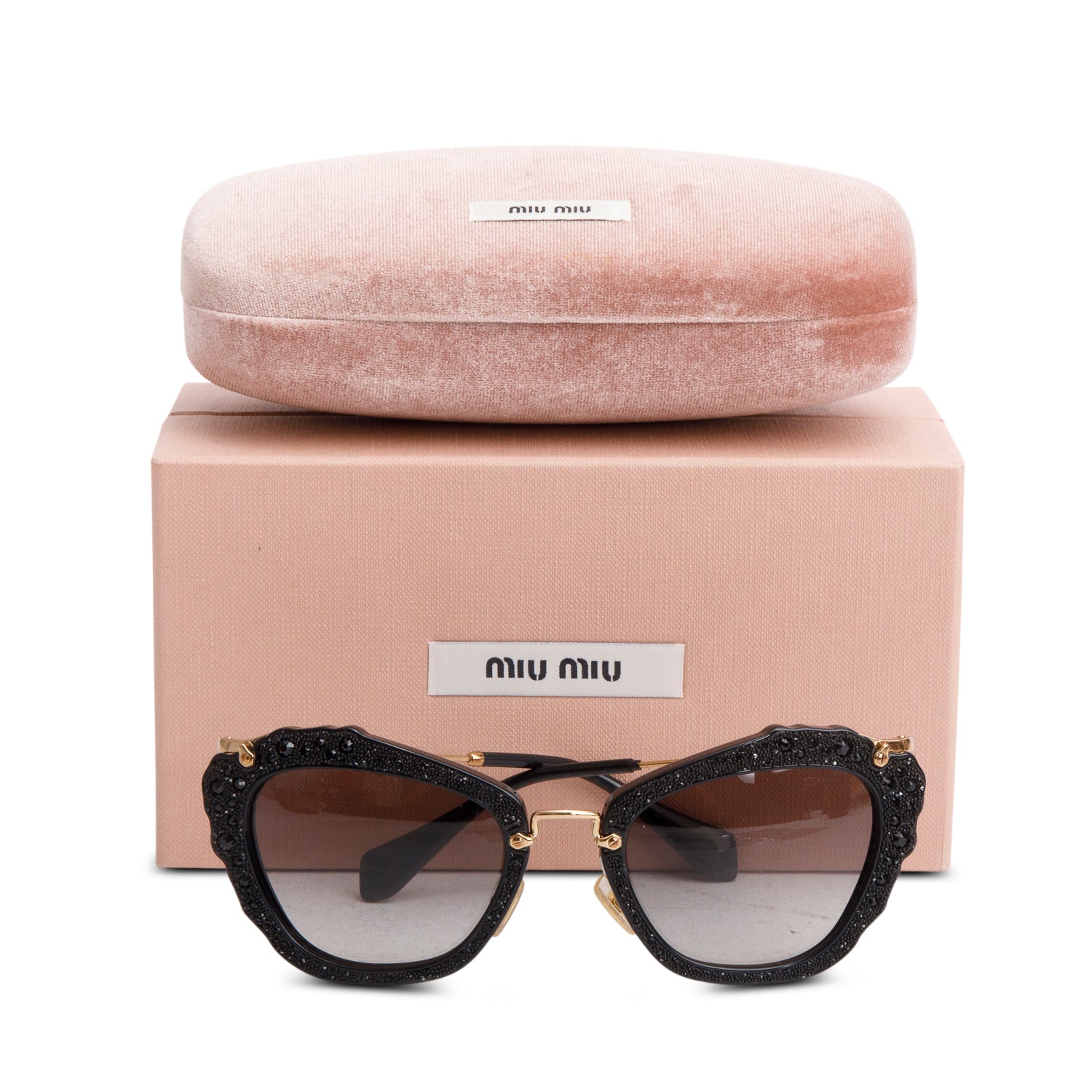 Miu Miu SMU04Q Black Crystal Embellished Cat Eye Sunglasses w/ Box & Case