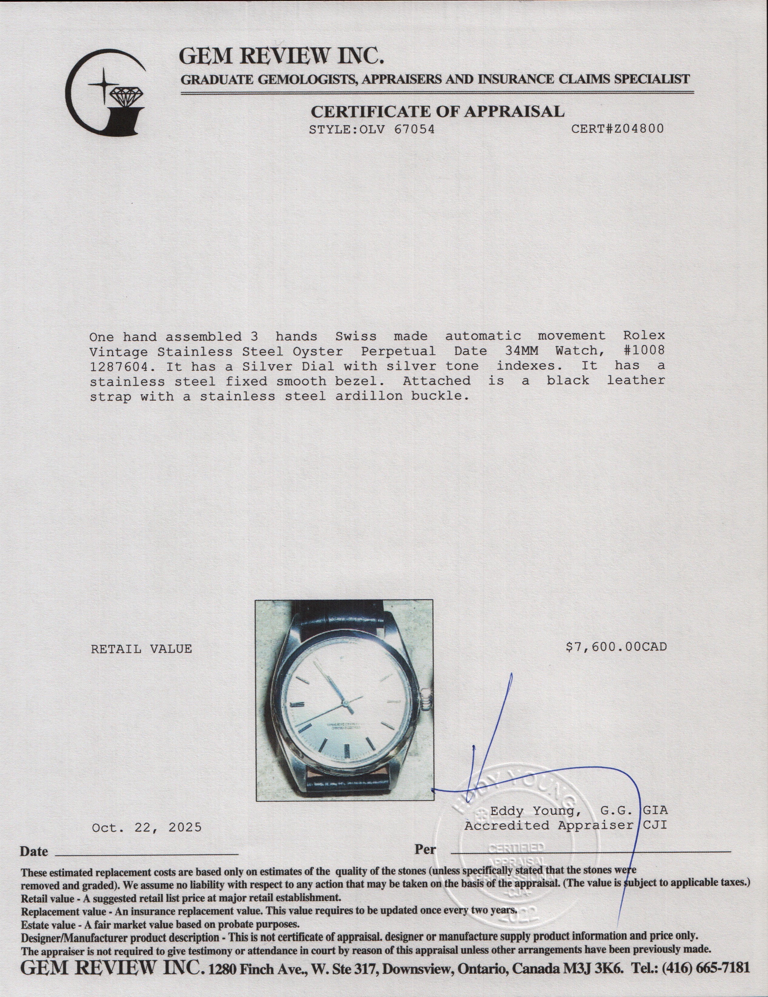 Rolex Vintage Stainless Steel Oyster Perpetual 34 MM Watch, Silver Dial 1008