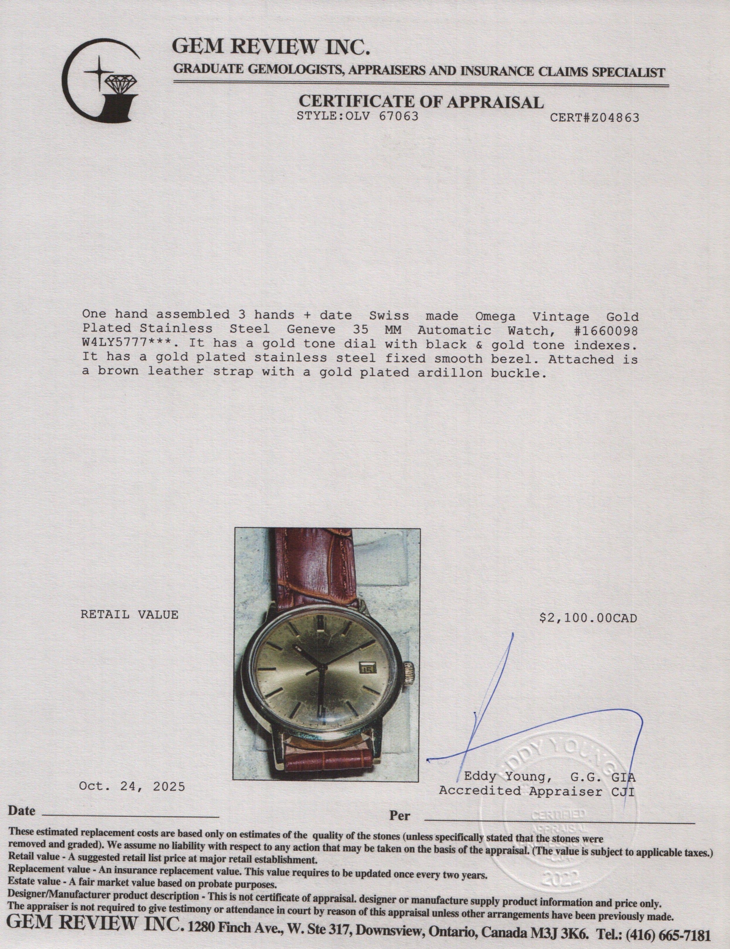 Omega Vintage Gold Plated Stainless Steel Geneve 35 MM Automatic Watch