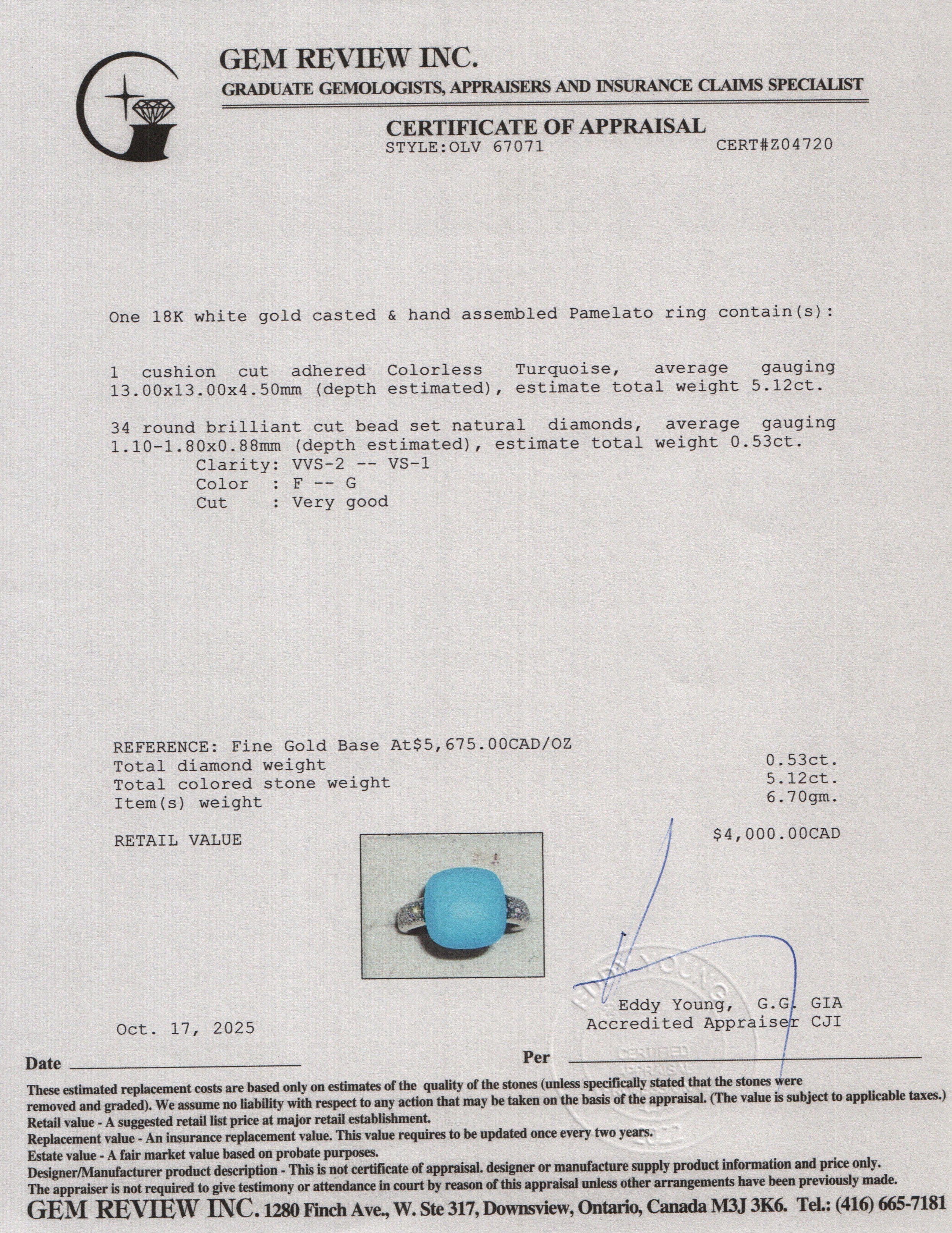Pomellato 18k White Gold Turquoise & Diamond Capri Ring, Size 4