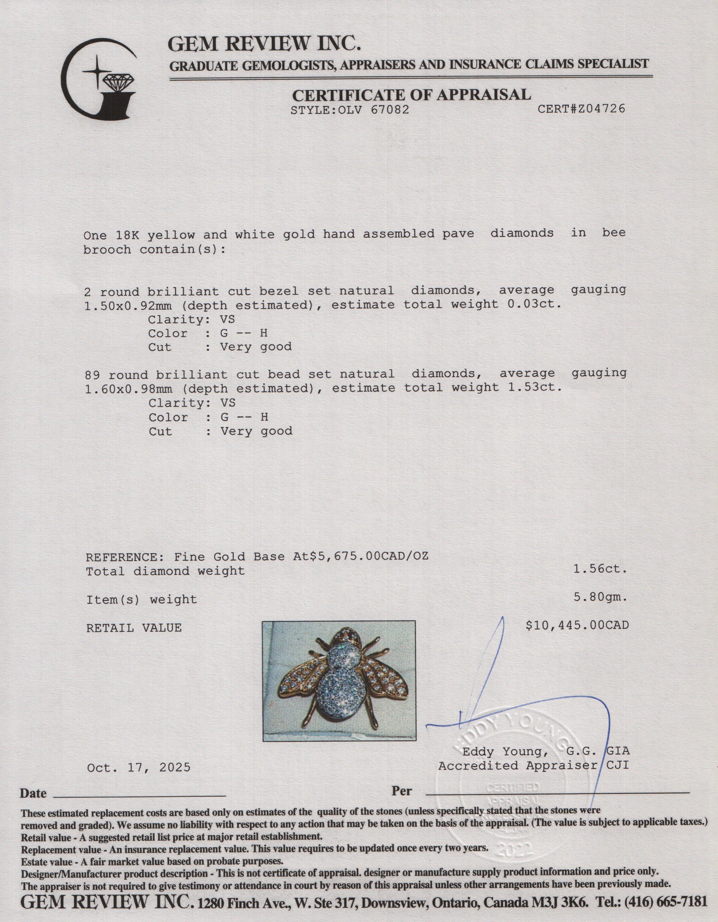 18k Yellow and White Gold Diamond Bee Pin Brooch