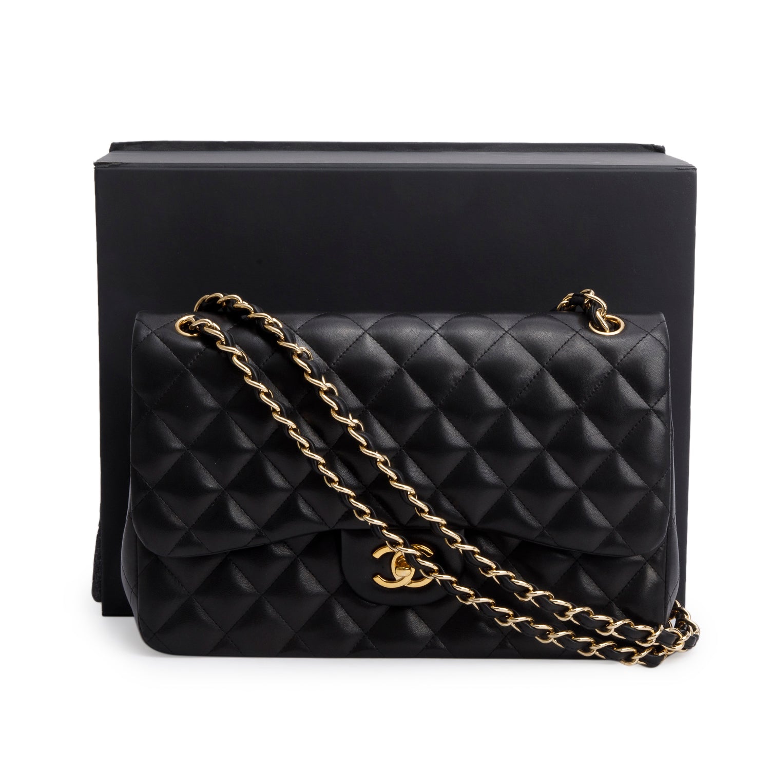 Chanel Black Quilted Lambskin Leather Jumbo Double Flap Bag w/ Box & Authenticity Card
