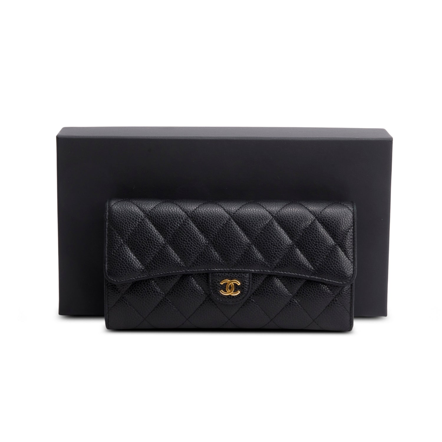 Chanel Black Caviar Leather Classic Long Flap Wallet w/ Box & Authenticity Card