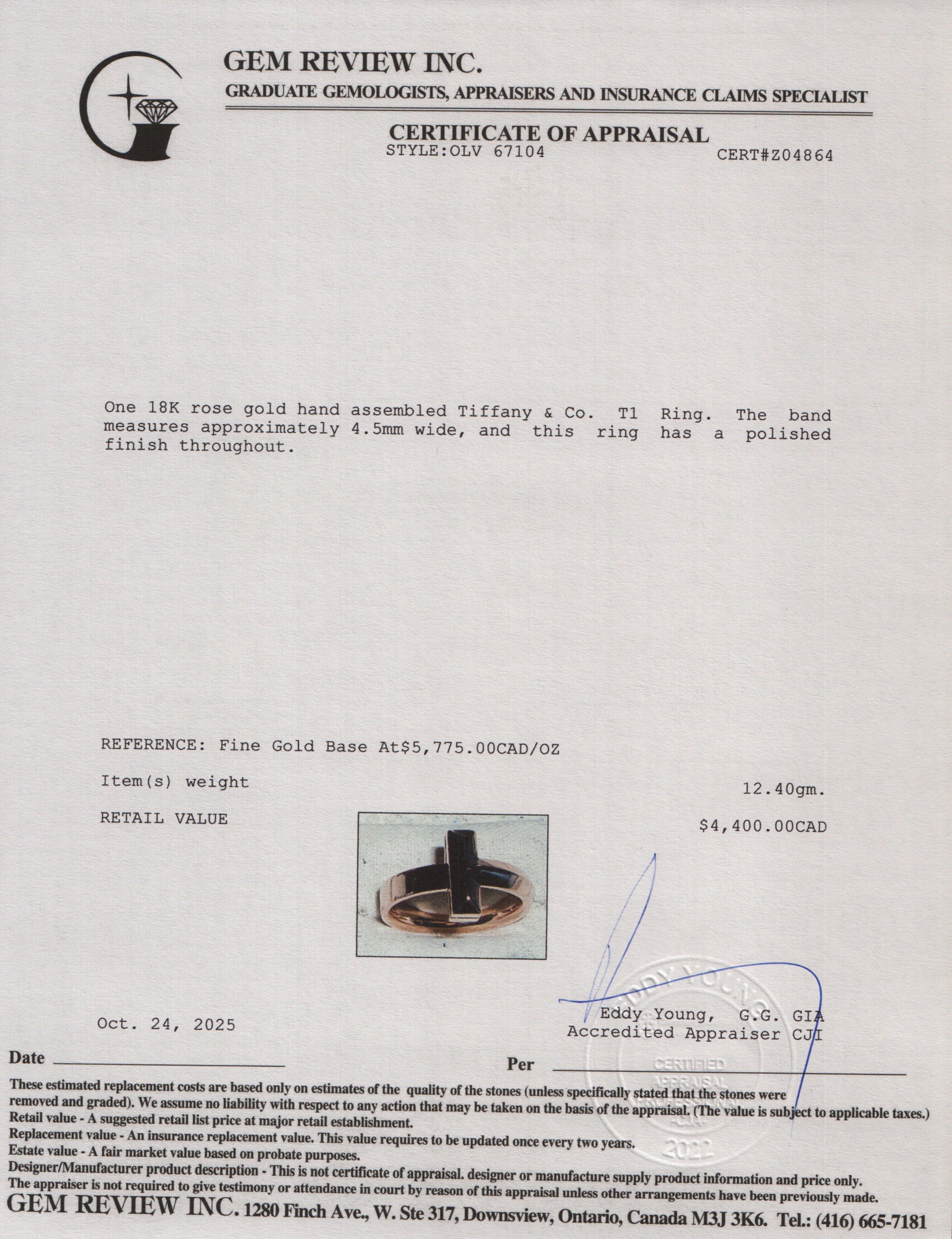 Tiffany & Co. 18k Rose Gold T1 Ring, Size 9 w/ Box