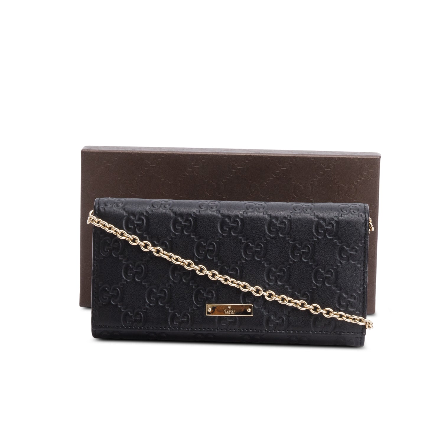 Gucci Black Guccissima Margaux Calfskin Metal Bar Chain Wallet w/ Box