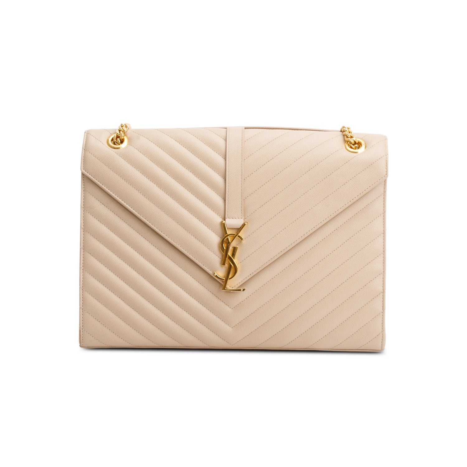 Saint Laurent Beige Quilted Grain De Poudre Leather Large Envelope Chain Bag