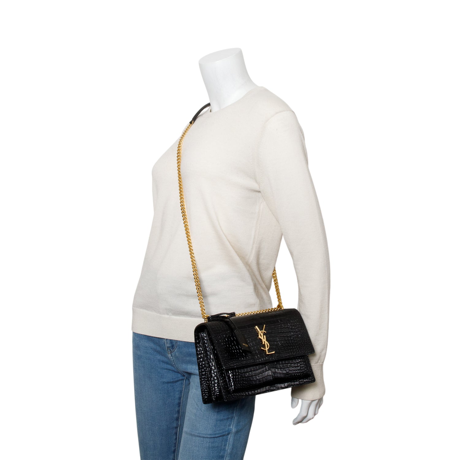 Saint Laurent 2020 Black Croc Embossed Calfskin Medium Sunset Bag w/ Receipt