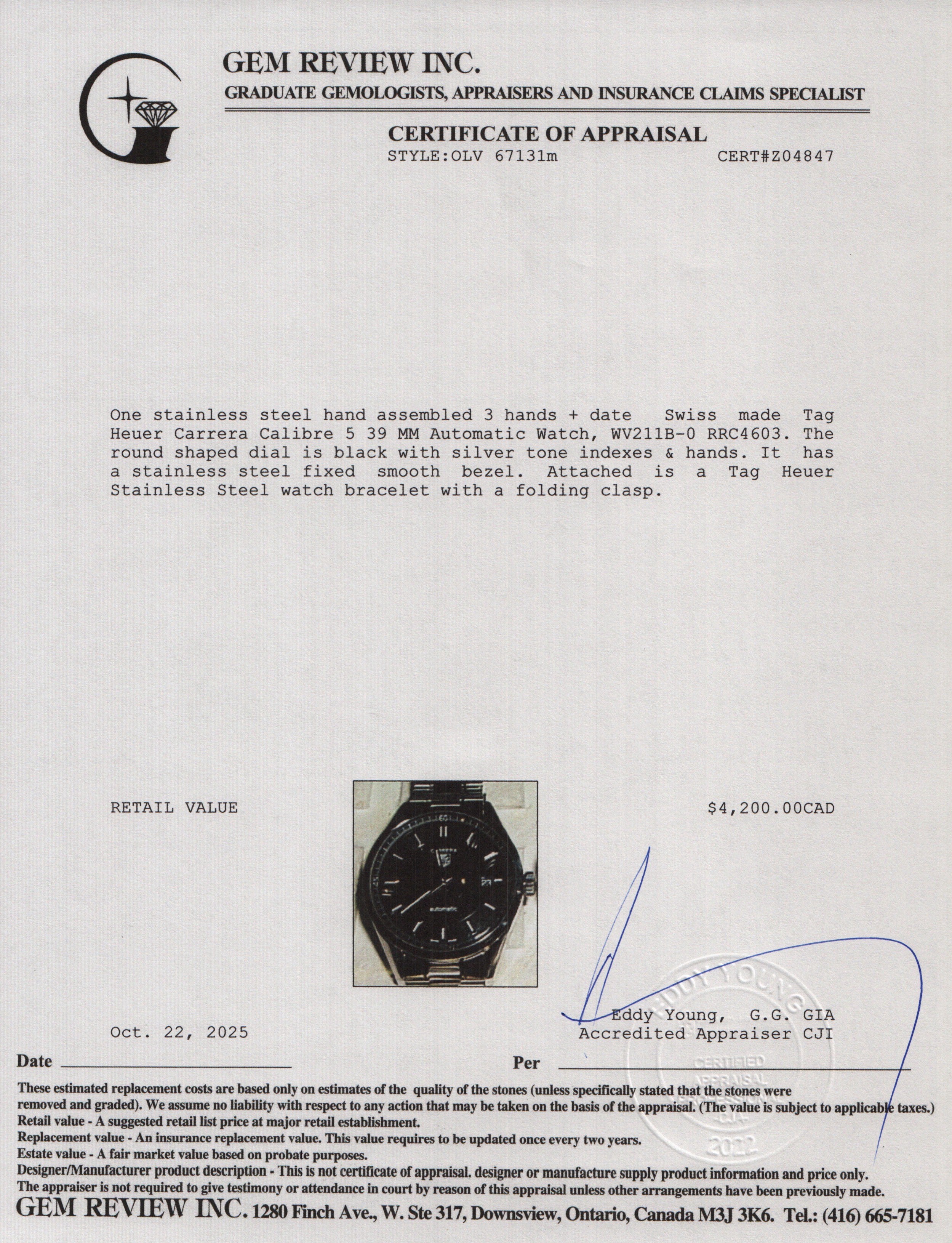 Tag Heuer Stainless Steel Carrera Calibre 5 39 MM Automatic Watch Black Dial WV211B-0