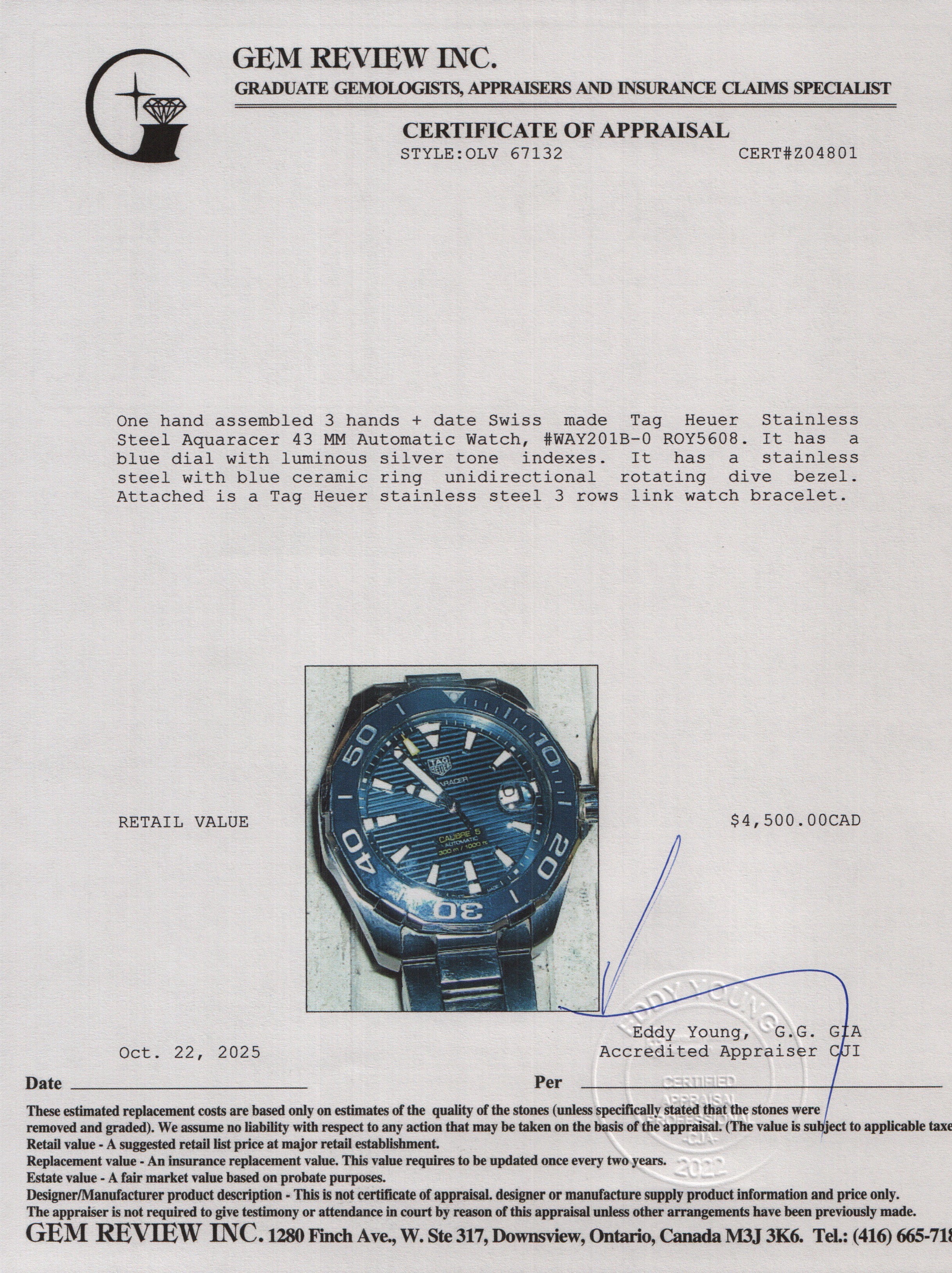 Tag Heuer Stainless Steel Aquaracer 43 MM Automatic Watch Blue Dial WAY201B-0