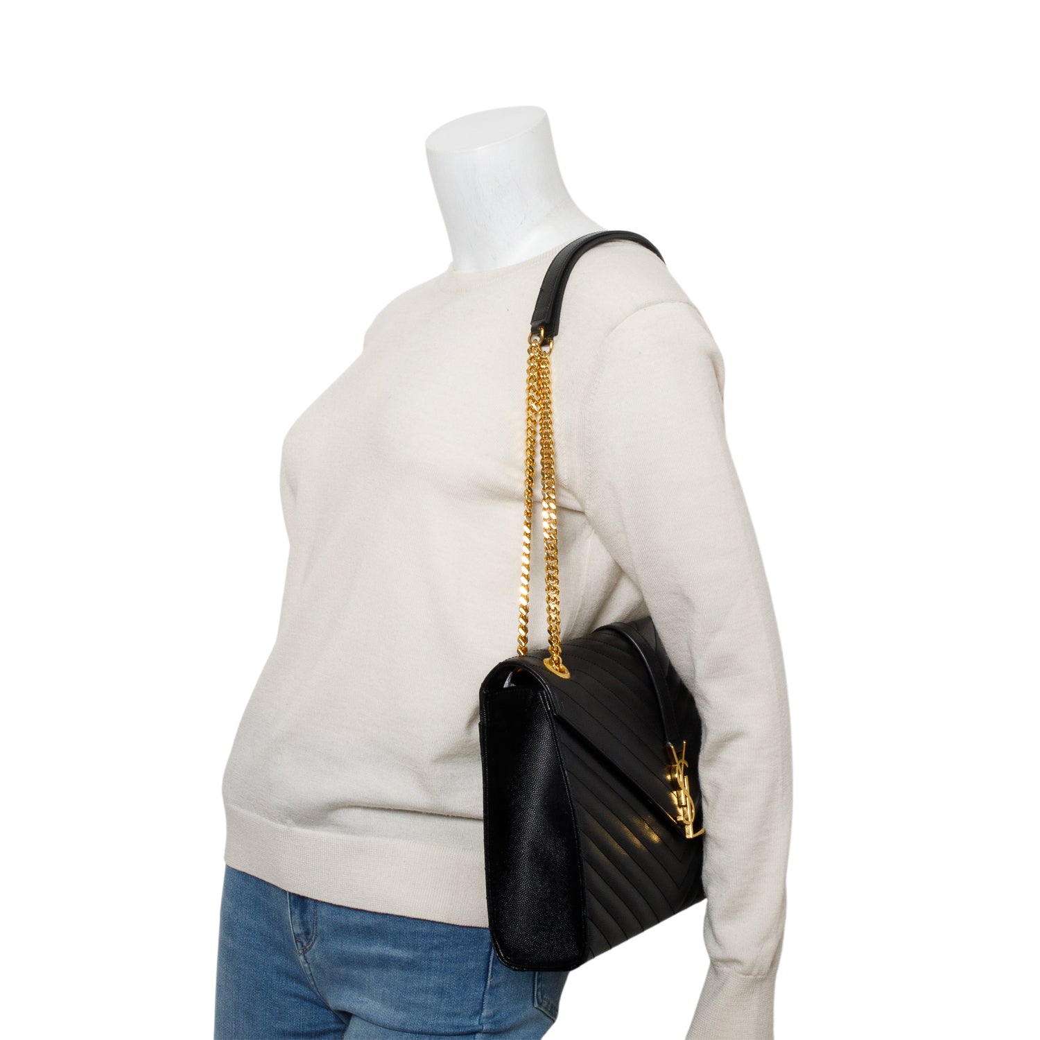 Saint Laurent Black Chevron Grain De Poudre Leather Large Envelope Chain Bag