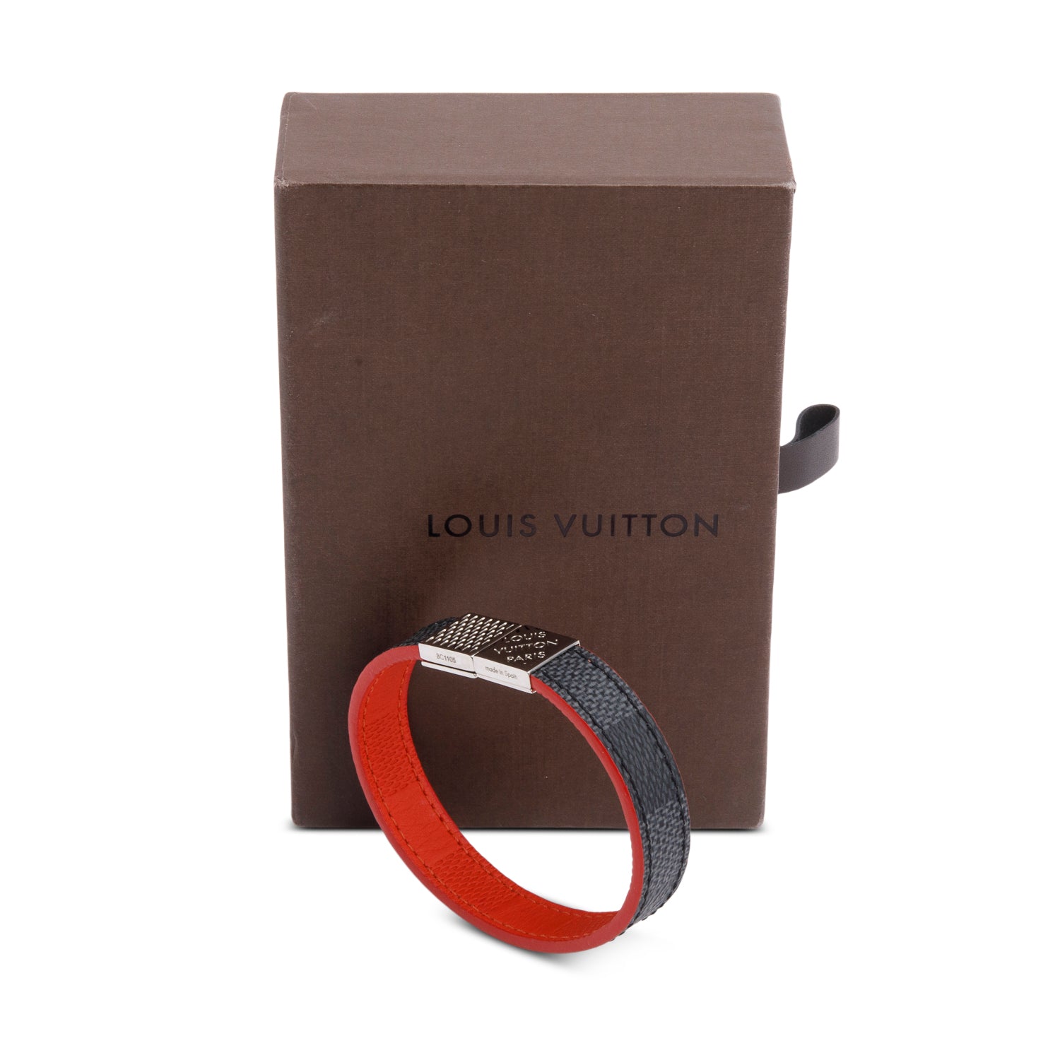 Louis Vuitton Damier Graphite Red Leather Pull It Reversible Bracelet w/ Box