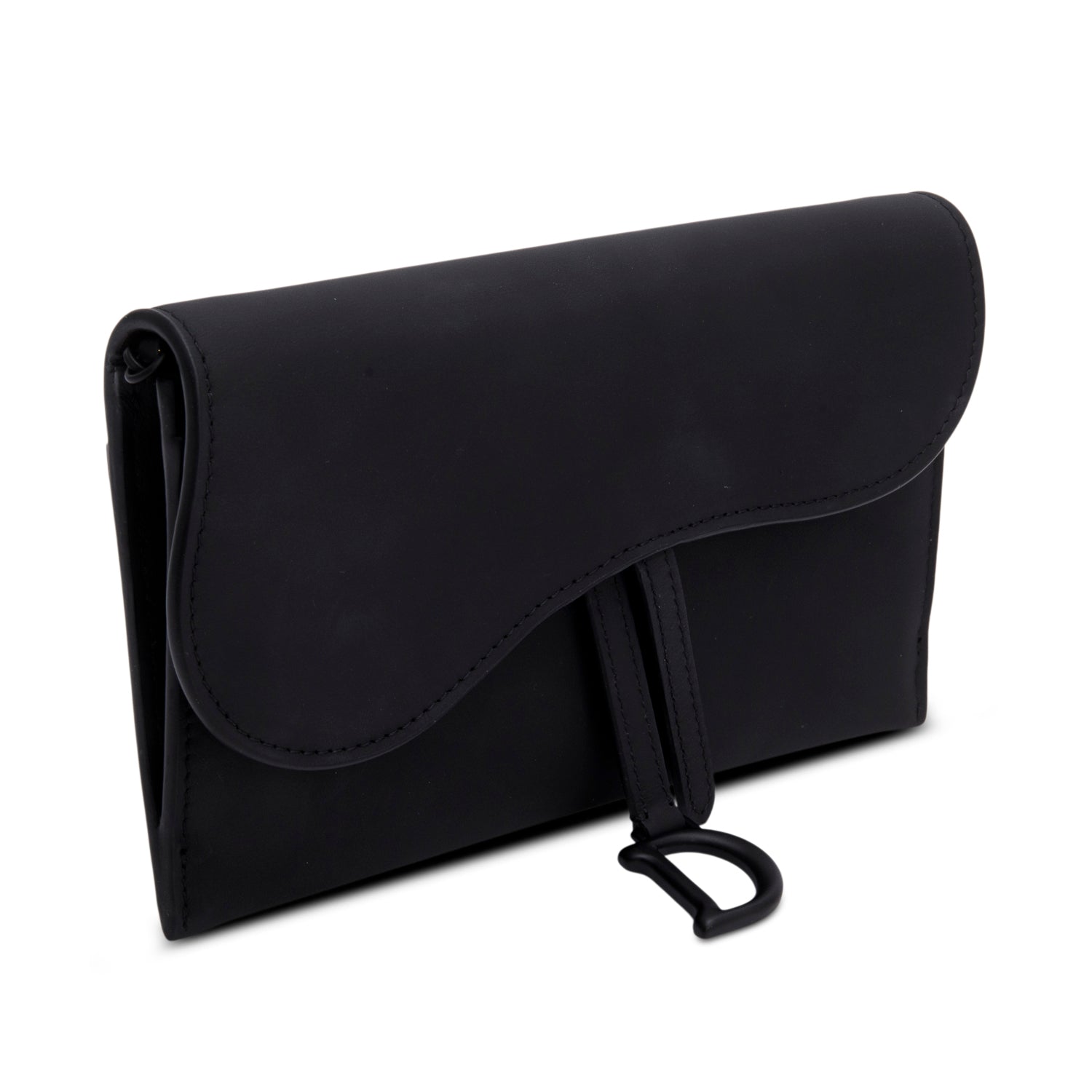 Christian Dior 2022 Black Ultra Matte Calfskin Saddle Chain Wallet Pouch w/ Box