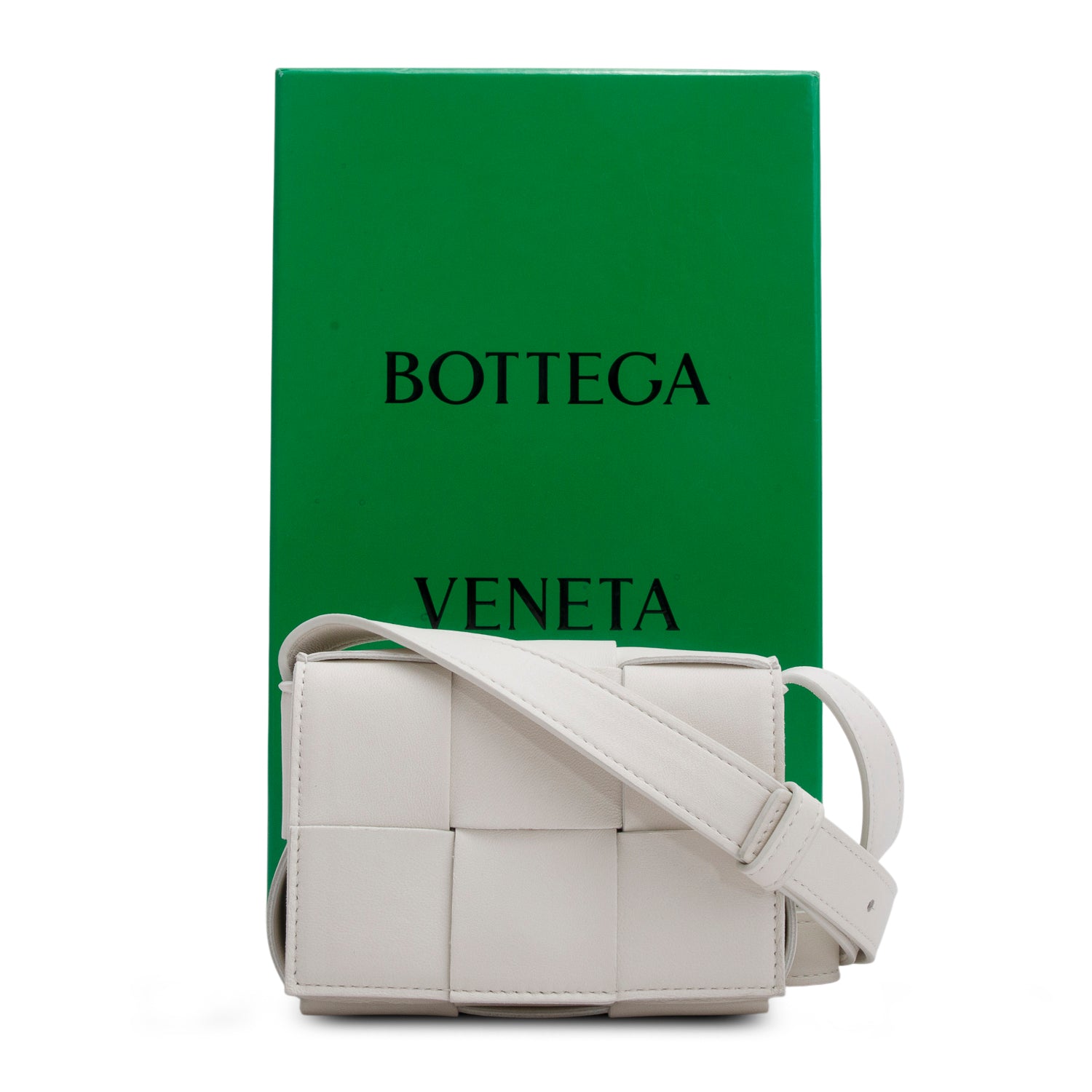 Bottega Veneta White Maxi Intrecciato Leather Extra Mini Cassette Flap Bag w/ Box