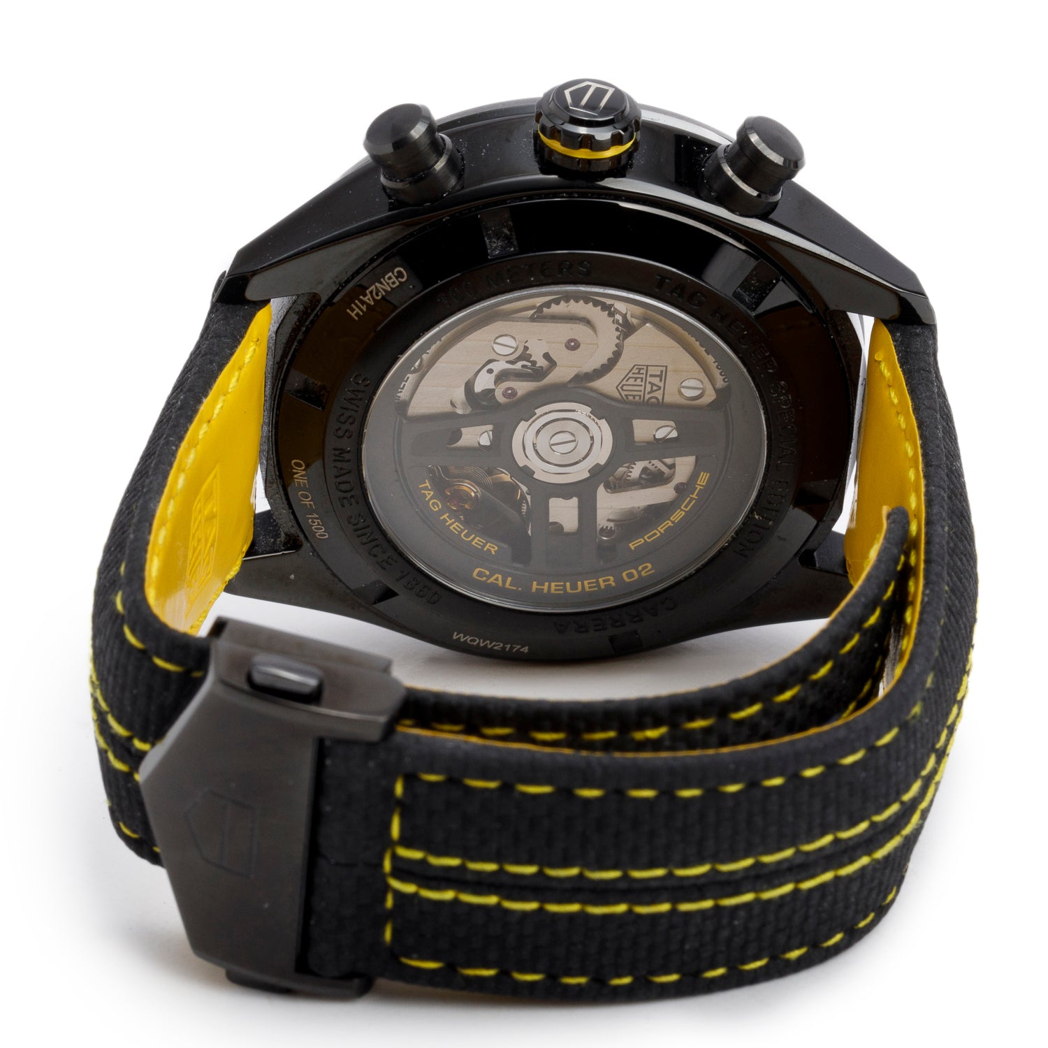 Tag Heuer 2022 Black PVD Stainless Steel & Ceramic Carrera Porsche Yellow Racing 44 MM Automatic Chronograph Watch Black Dial CBN2A1H w/ Box & Papers