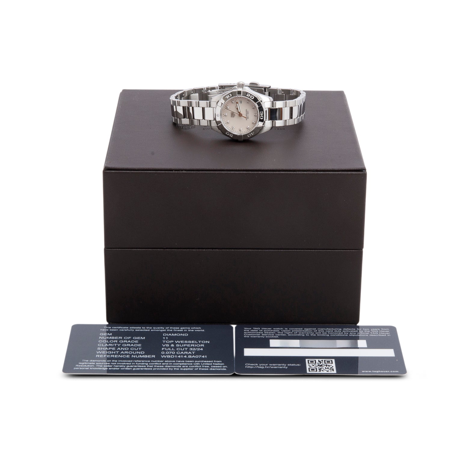 Tag Heuer Stainless Steel Aquaracer 27 MM Quartz Watch Mother of Pearl Diamond Dial WBD1414 w/ Box & Papers