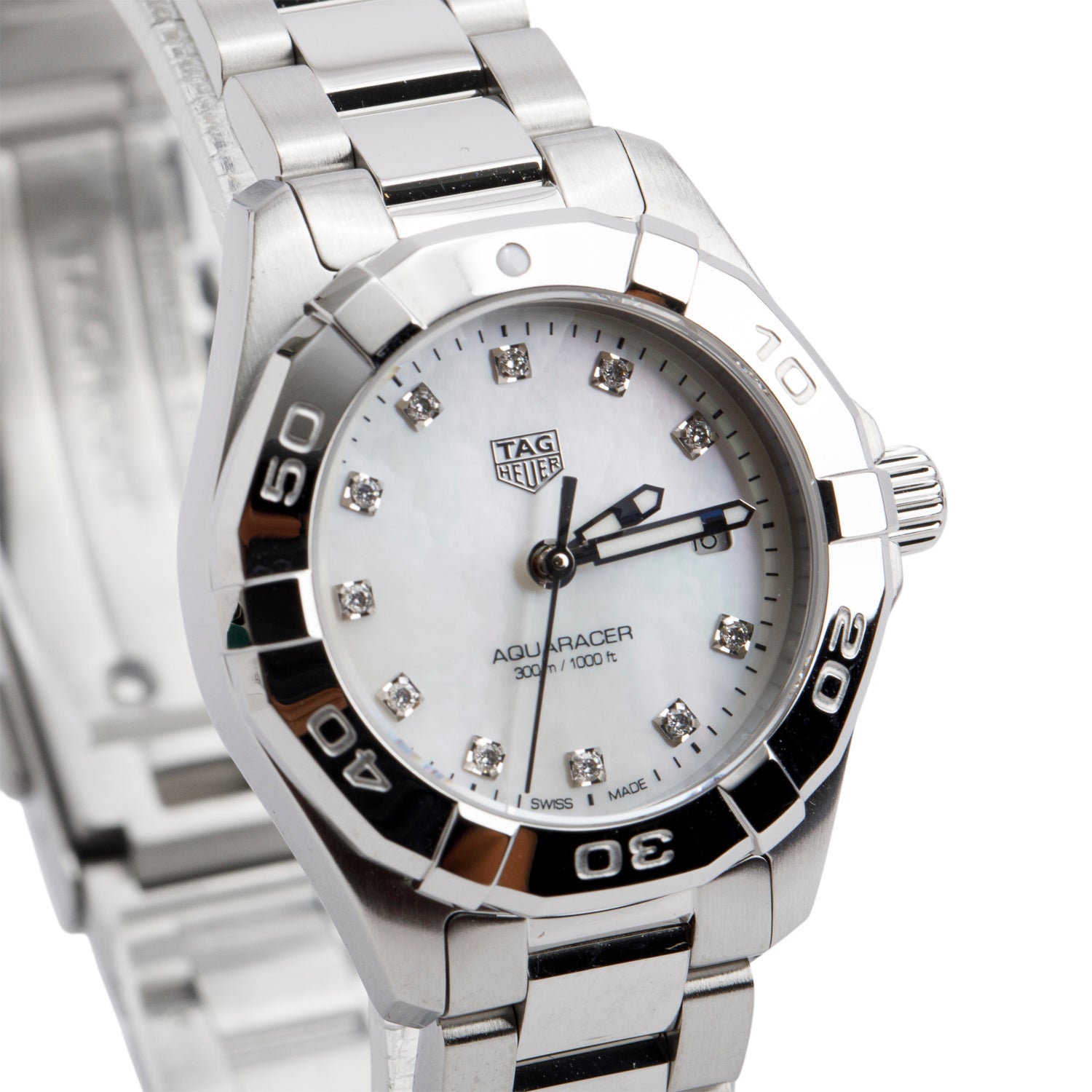 Tag Heuer Stainless Steel Aquaracer 27 MM Quartz Watch Mother of Pearl Diamond Dial WBD1414 w/ Box & Papers
