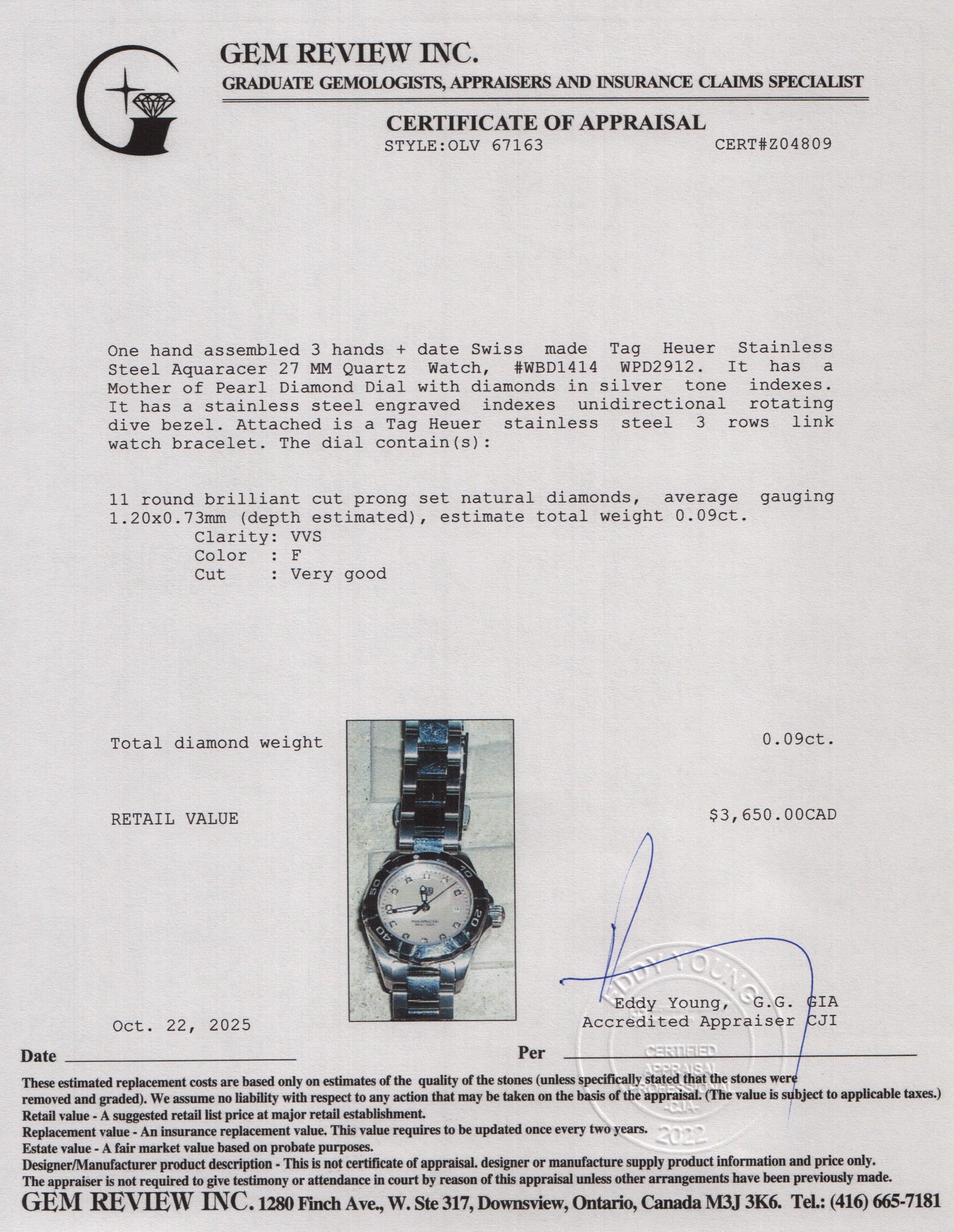 Tag Heuer Stainless Steel Aquaracer 27 MM Quartz Watch Mother of Pearl Diamond Dial WBD1414 w/ Box & Papers