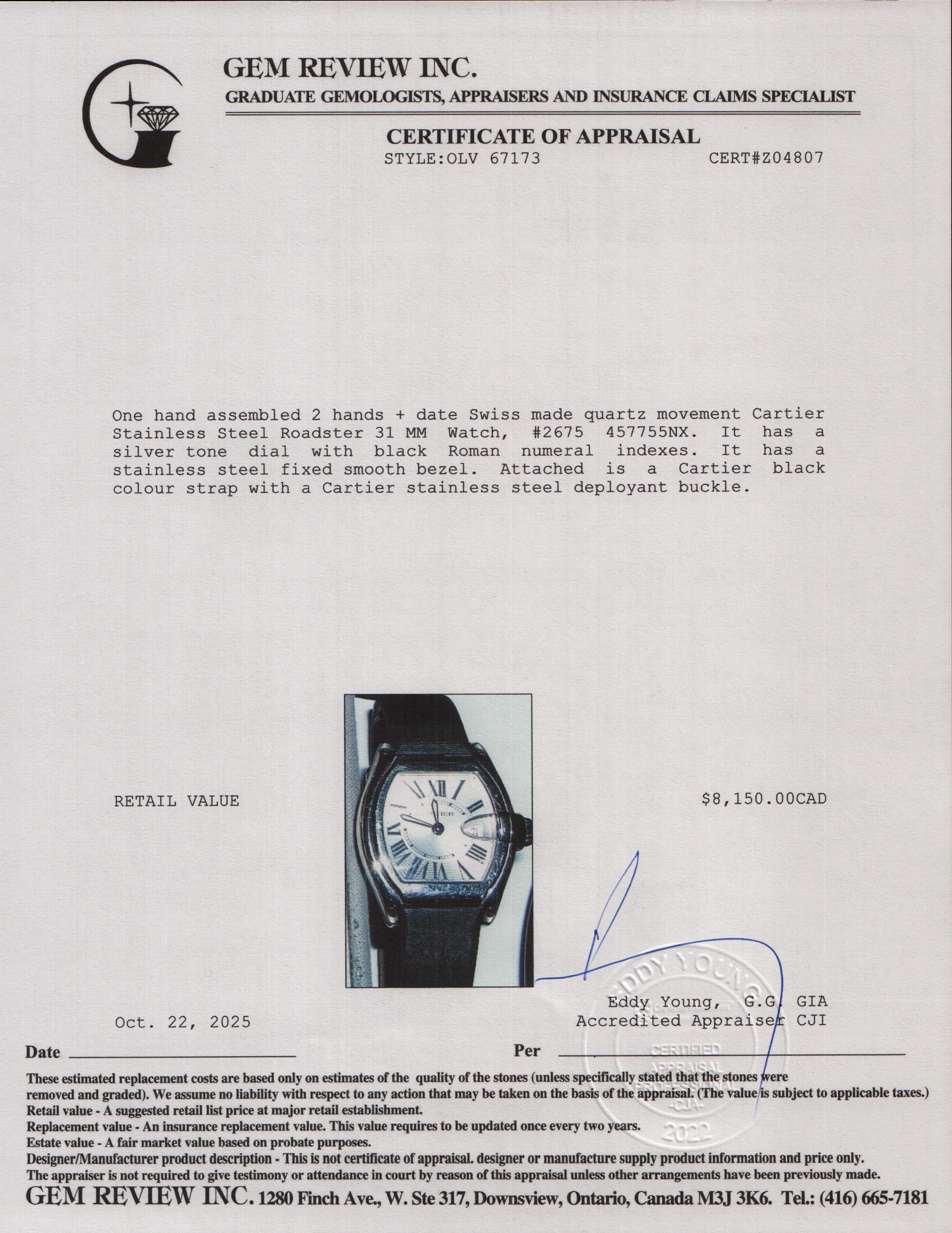 Cartier Stainless Steel Roadster 31 MM Watch Silver Dial 2675