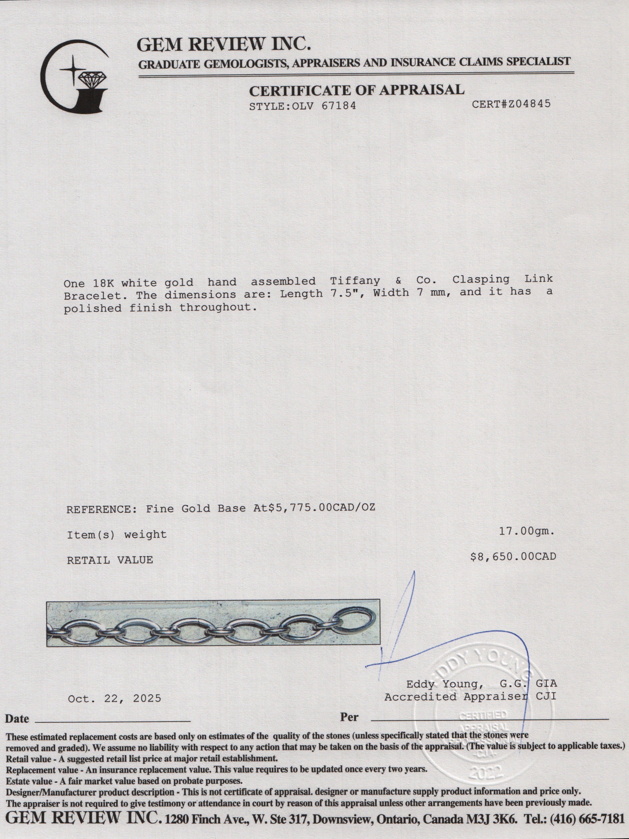 Tiffany & Co. 18k White Gold Clasping Link Bracelet w/ Box