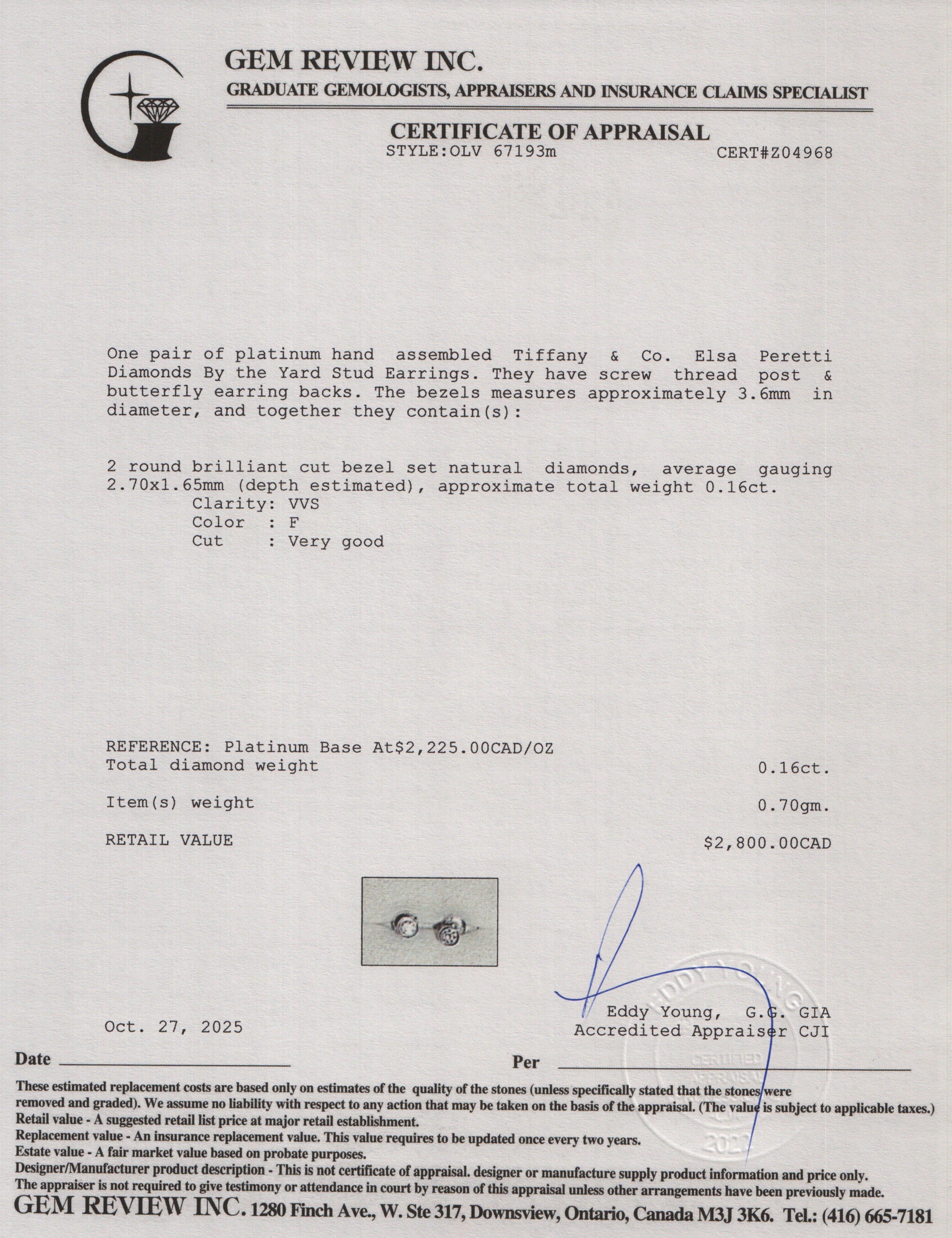 Tiffany & Co. Elsa Peretti Platinum 0.16 tcw Diamonds By the Yard Stud Earrings