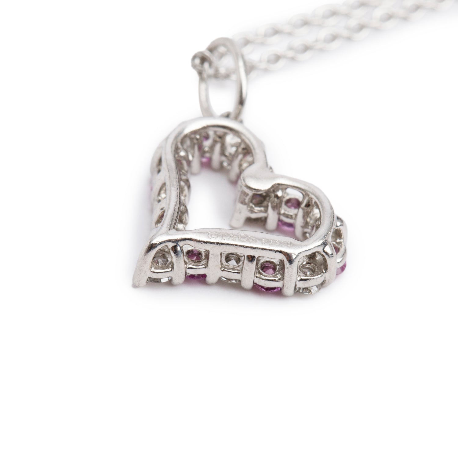 Tiffany & Co. Platinum Diamond & Pink Sapphire Mini Heart Charm Pendant Necklace w/ Box