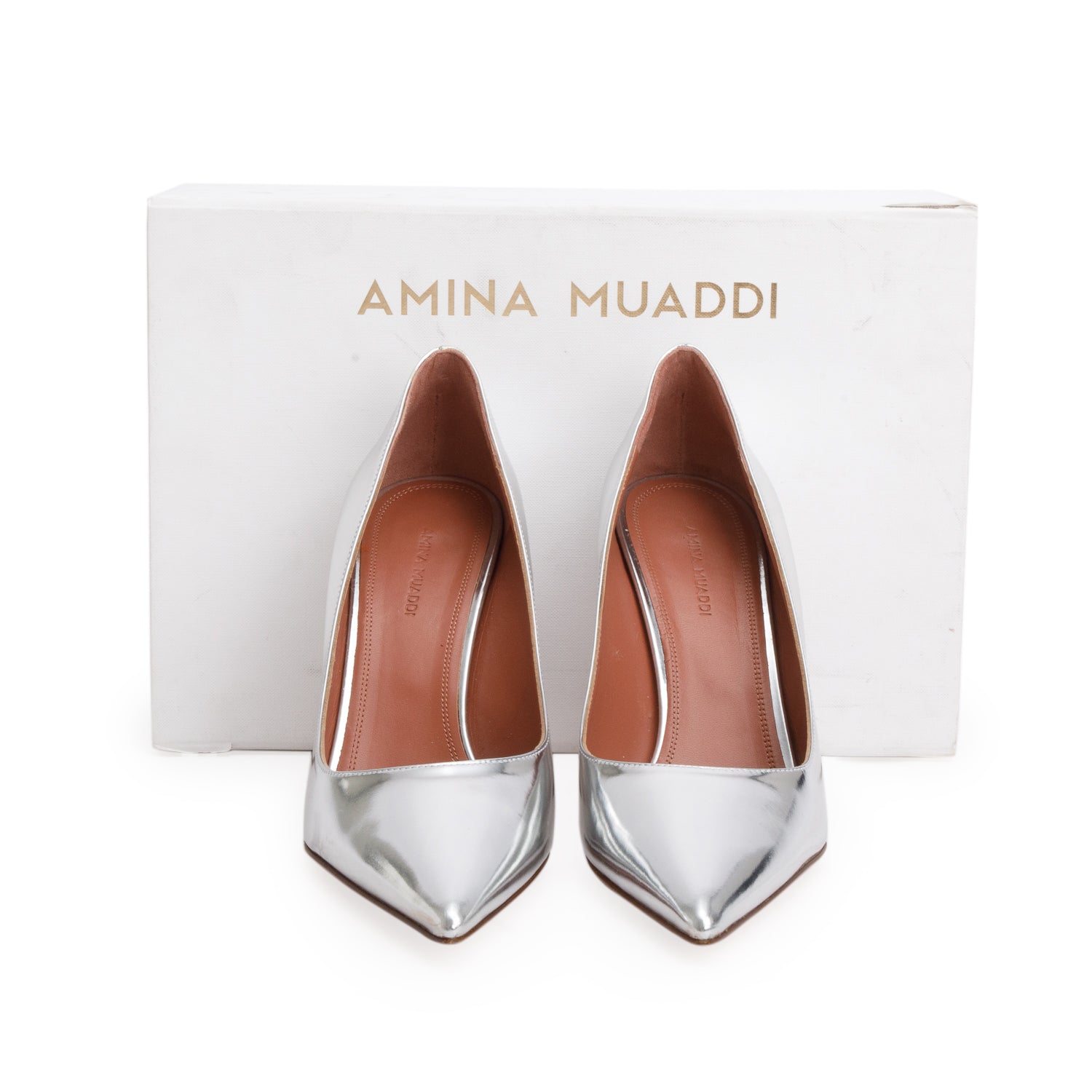 Amina Muaddi Silver Patent Leather T.95 Clessidra Ami Pump, Size 39 w/ Box