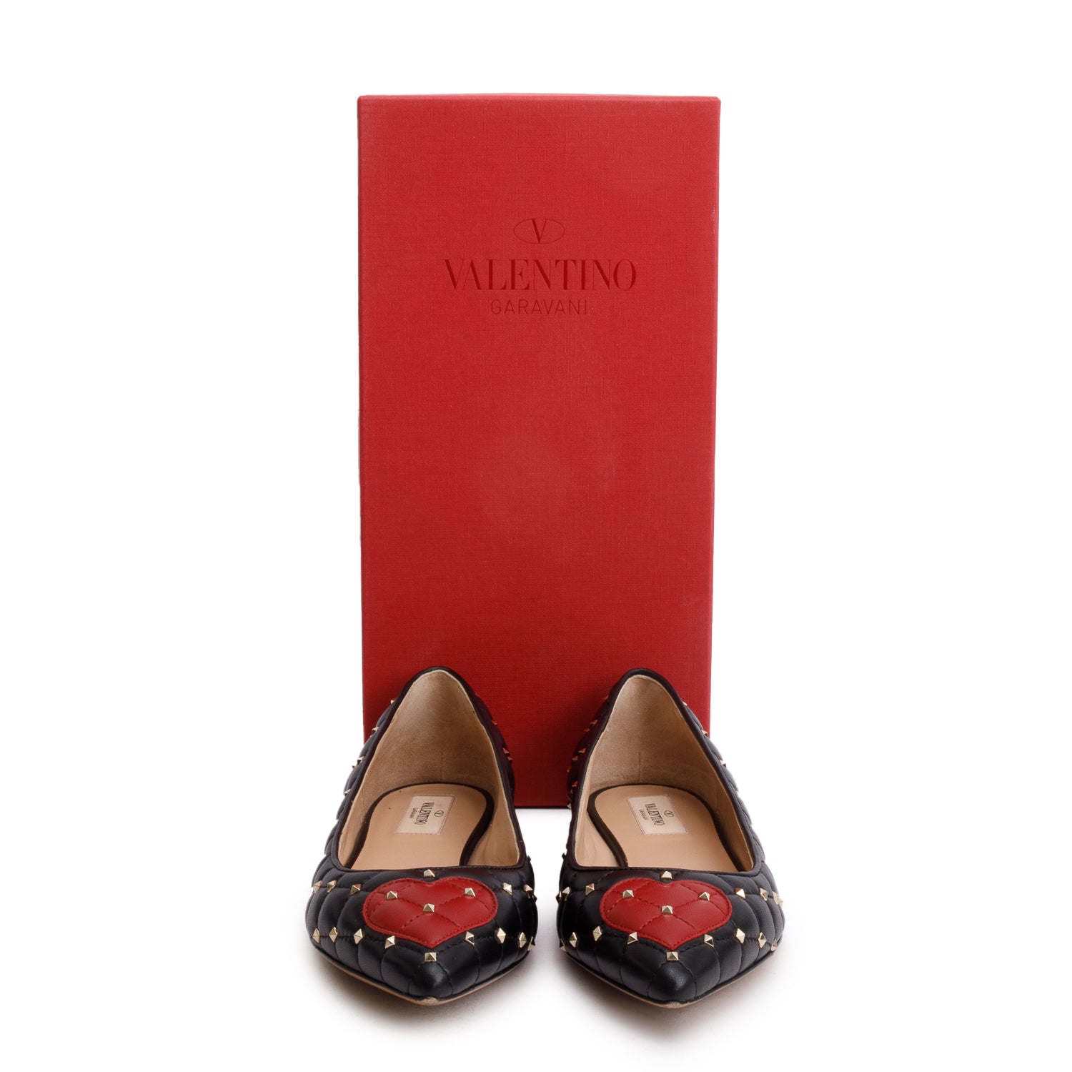 Valentino Black Quilted Leather Spikeit Valentine Flats, Size 37.5 w/ Box