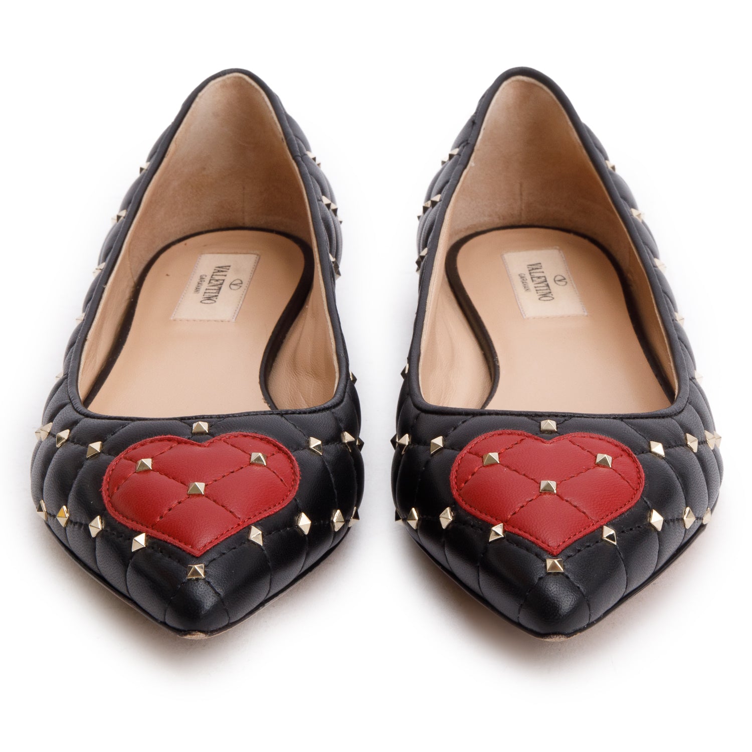 Valentino Black Quilted Leather Spikeit Valentine Flats, Size 37.5 w/ Box