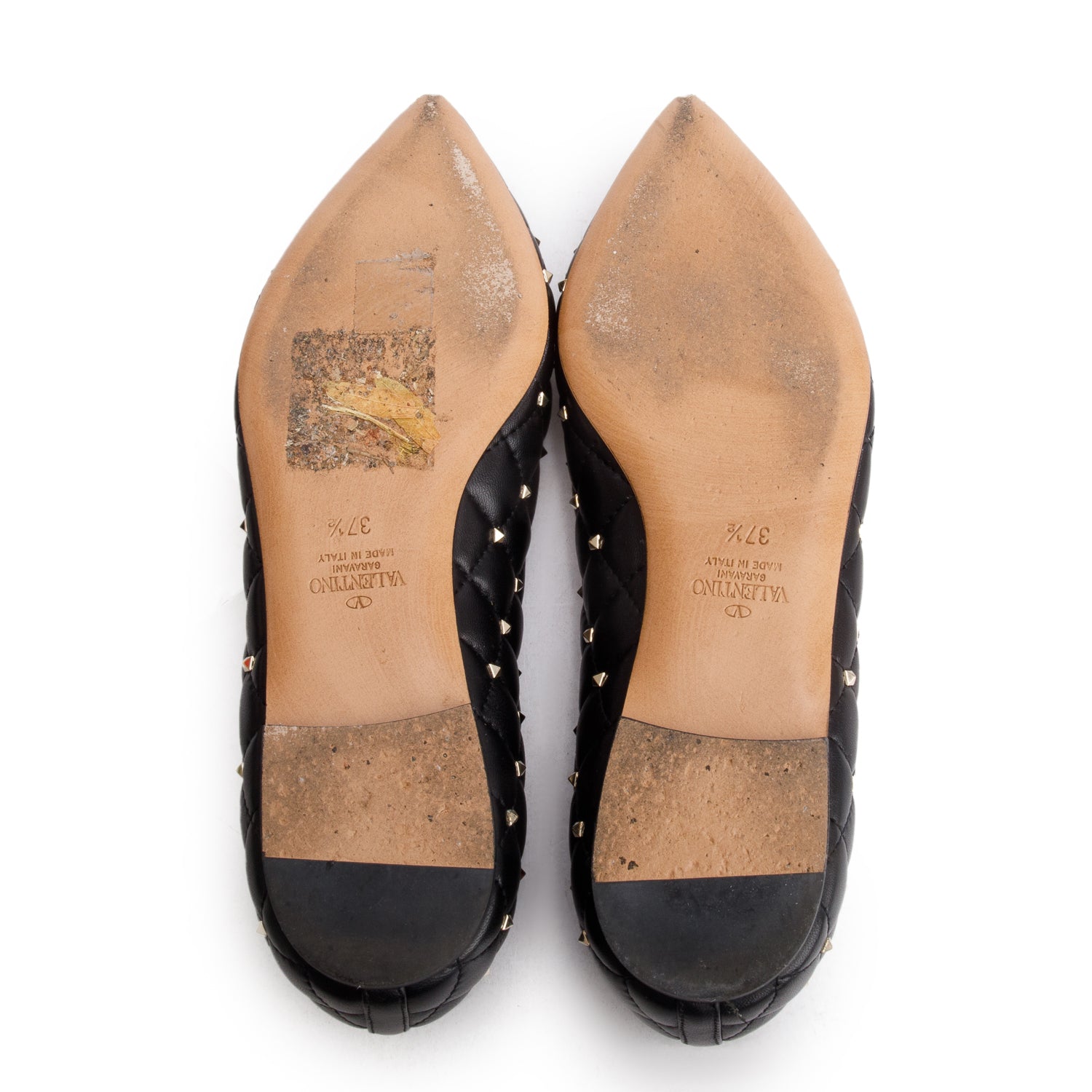 Valentino Black Quilted Leather Spikeit Valentine Flats, Size 37.5 w/ Box