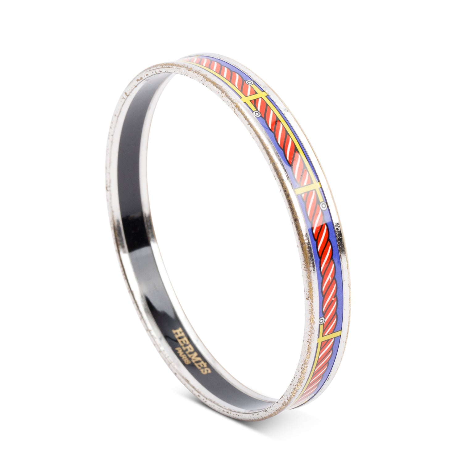 Hermes Palladium-Plated Quadridge Enamel Narrow Bangle