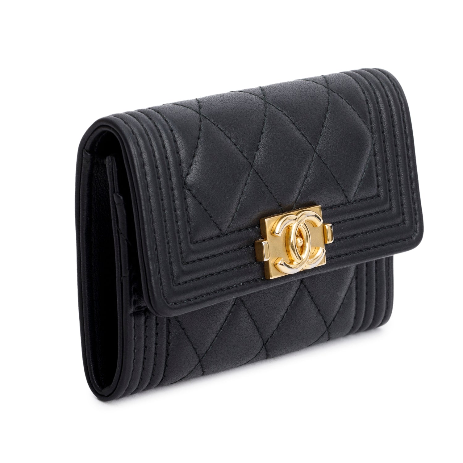 Chanel Black Lambskin Boy Flap Card Holder w/ Box, Receipt & Authenticity Card