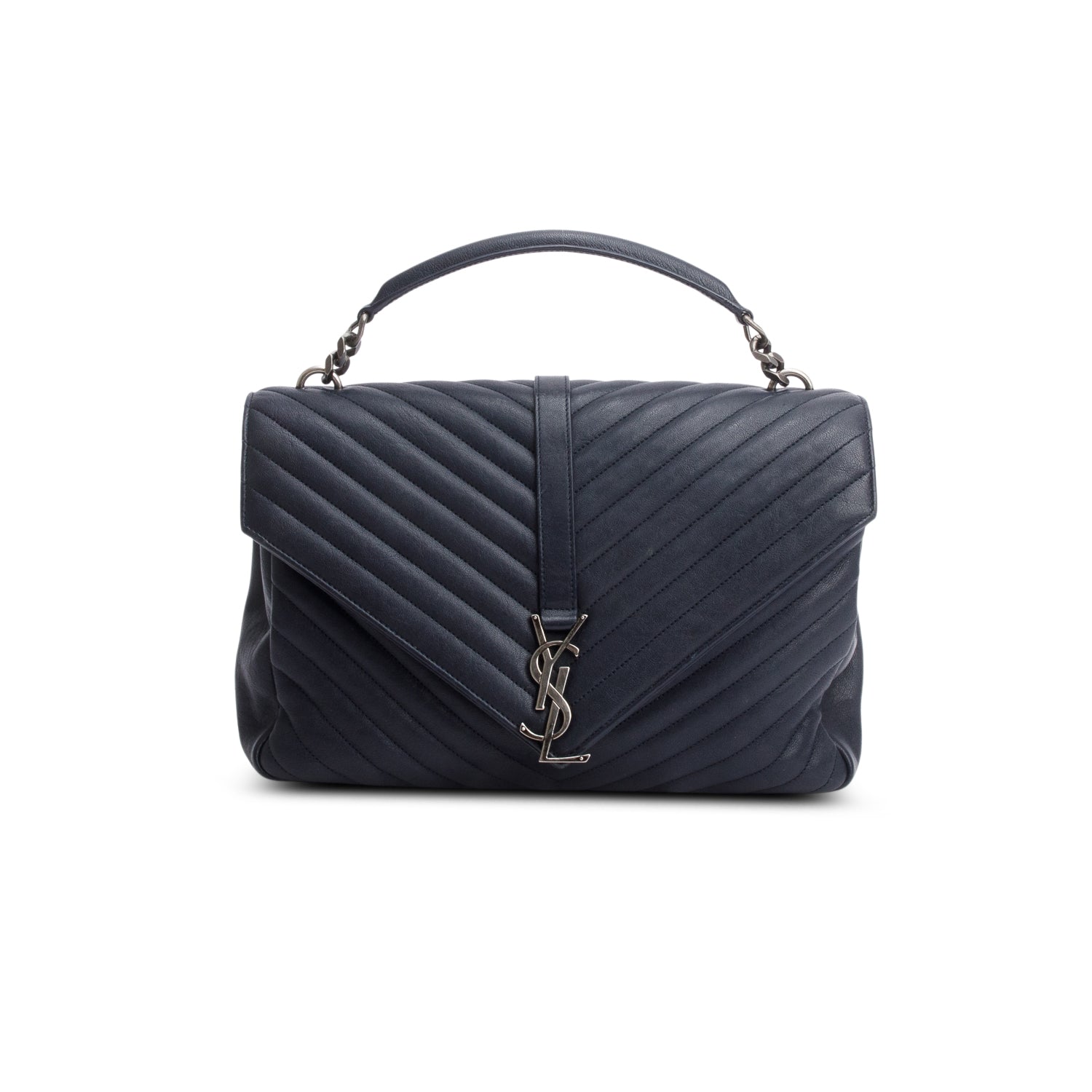 Saint Laurent Navy Leather Large Chevron College Bag