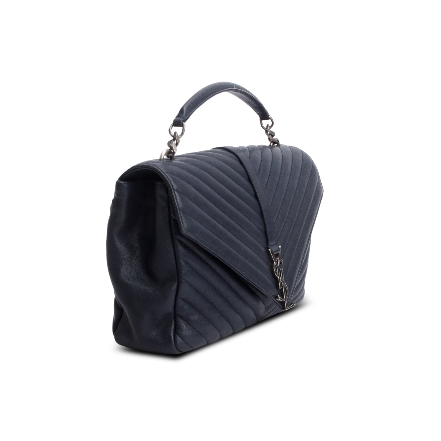 Saint Laurent Navy Leather Large Chevron College Bag