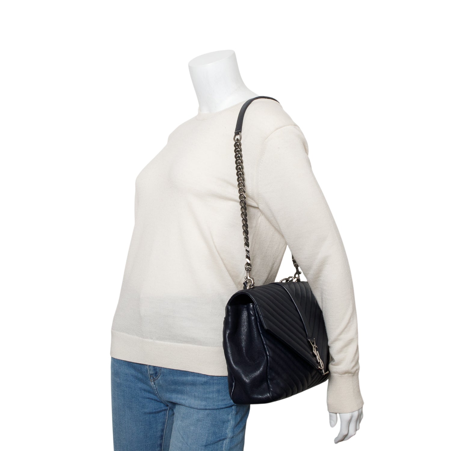 Saint Laurent Navy Leather Large Chevron College Bag