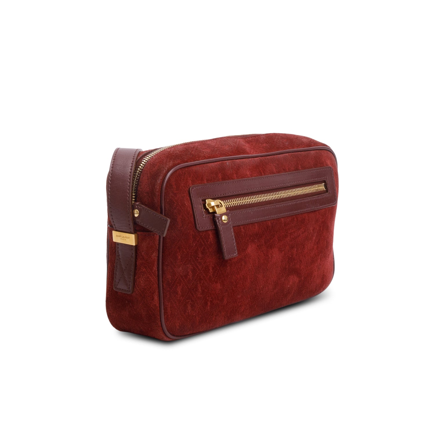 Saint Laurent Burgundy Suede Monogram All Over Camera Bag