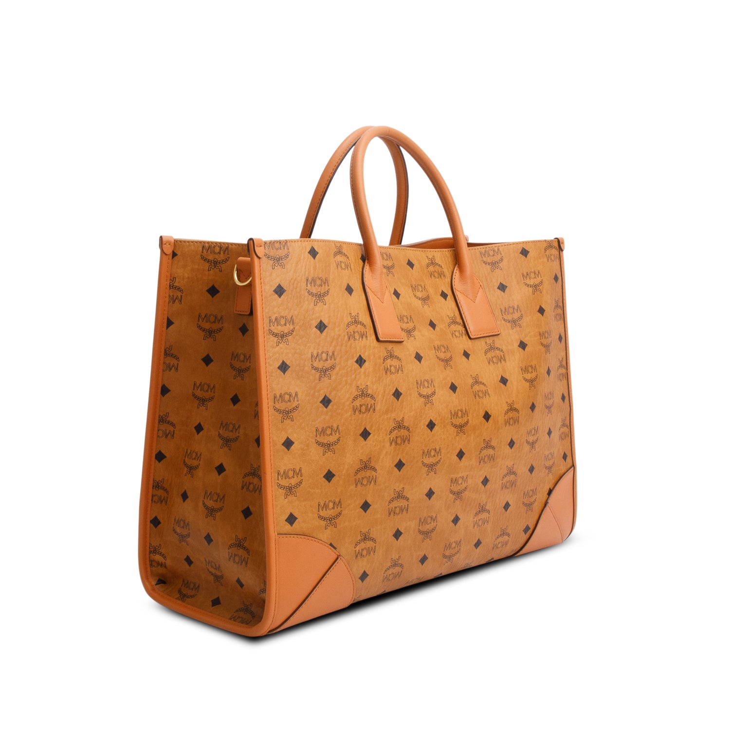 MCM Visetos Cognac X-Large Munchen Tote w/ Strap & Pouch