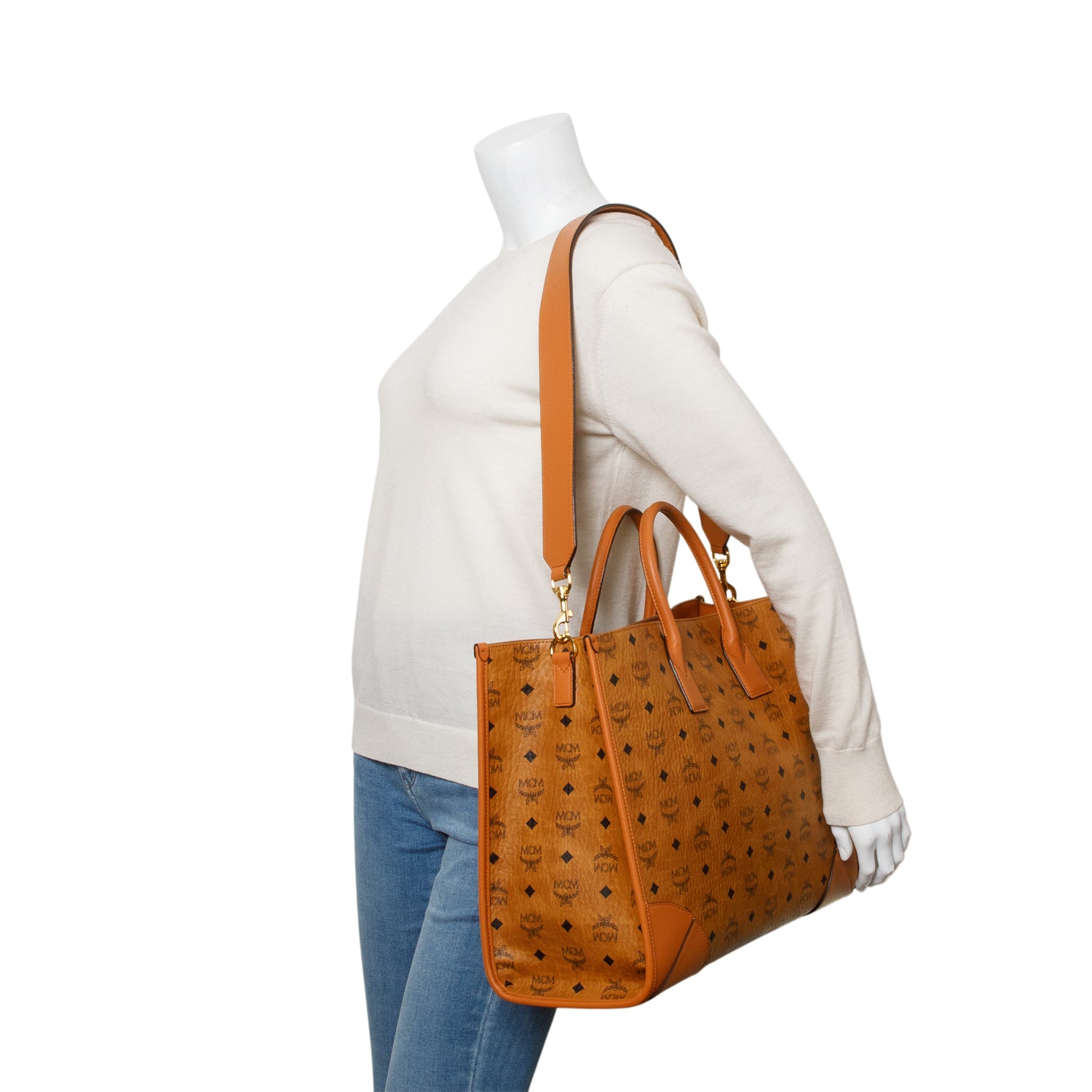MCM Visetos Cognac X-Large Munchen Tote w/ Strap & Pouch
