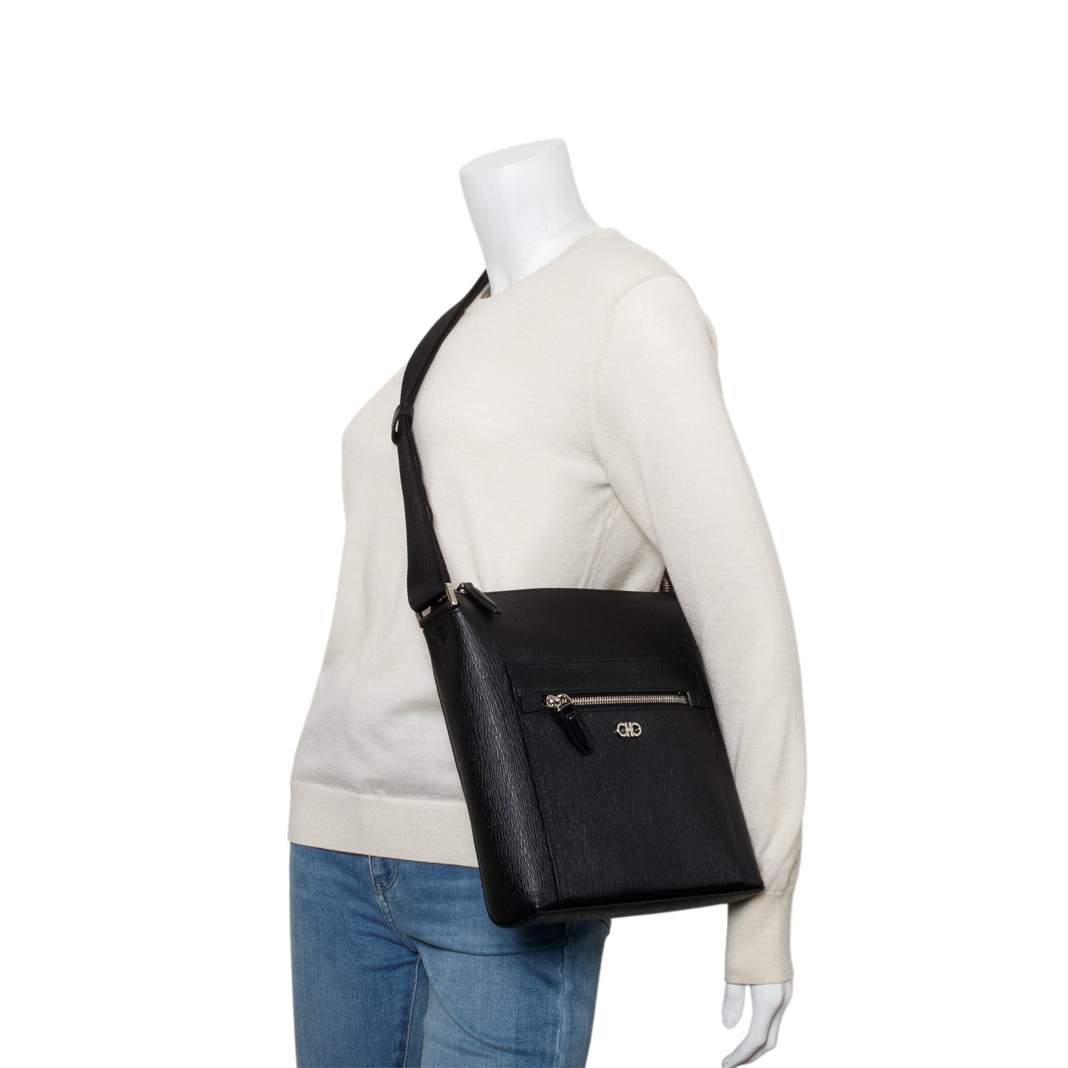 Ferragamo Black Hammered Calf Leather Gancini Messenger Bag