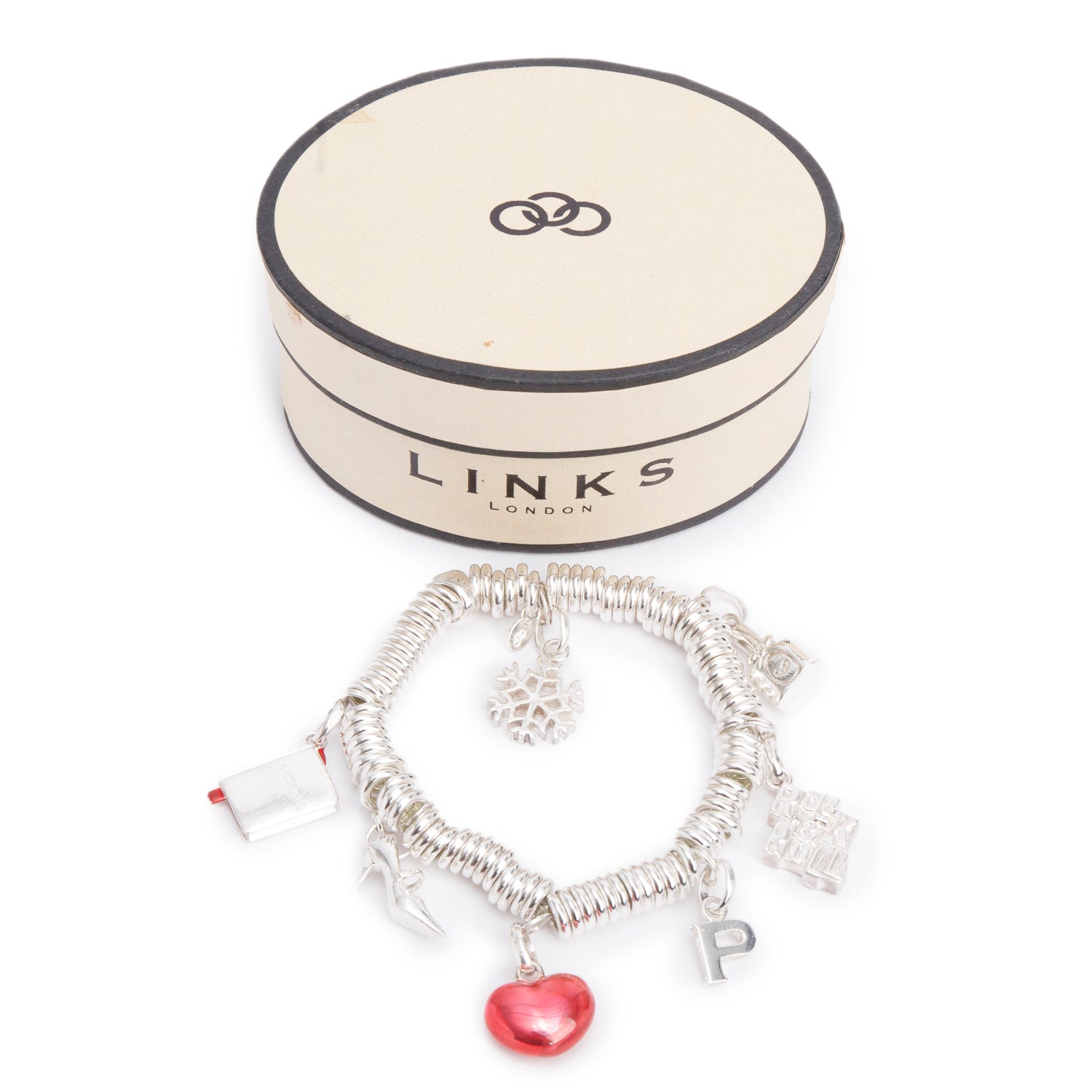 Links of London Sterling Silver Sweetie Charm Bracelet w/ Box & 7 Charms