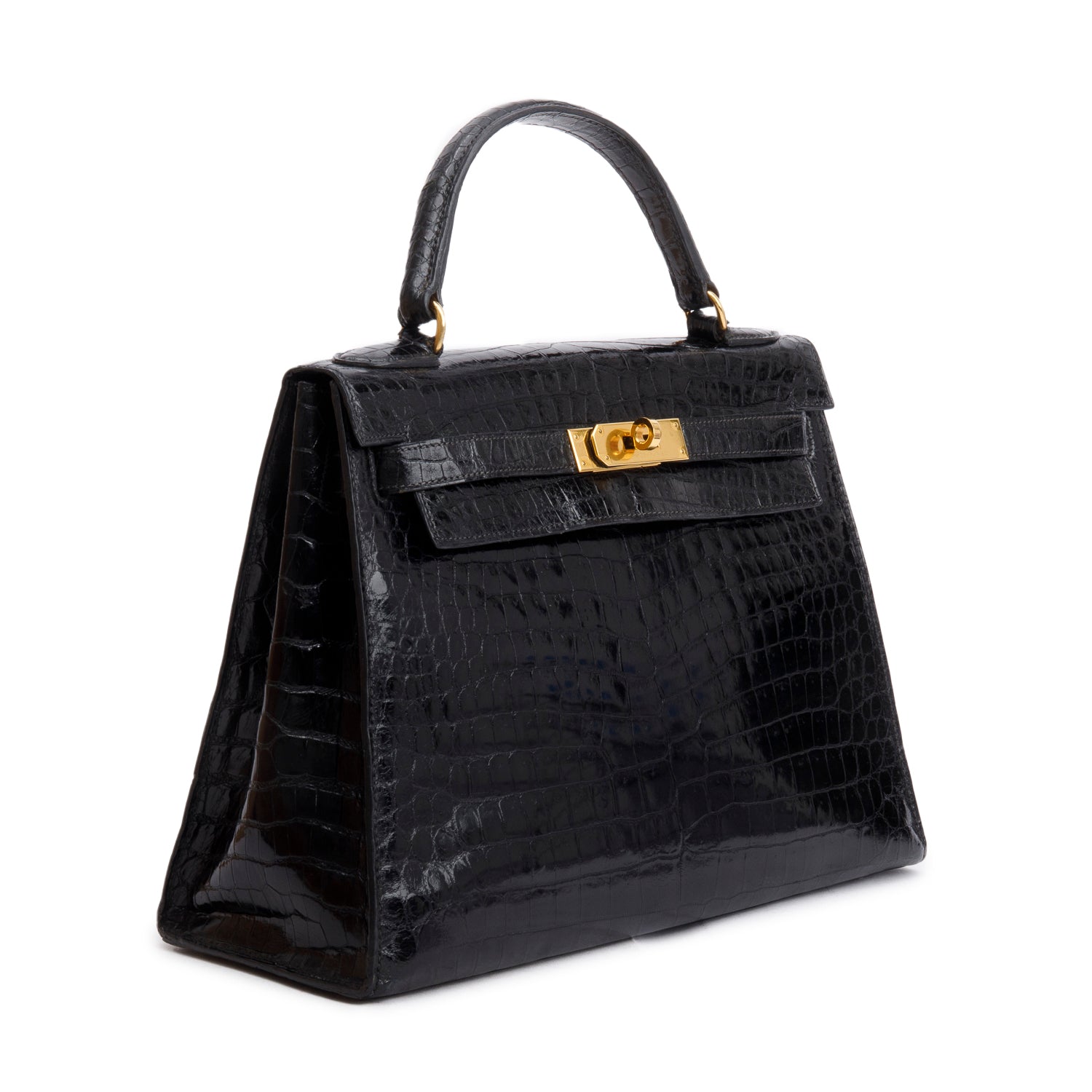 Hermes Vintage Noir Crocodile Nioticus Kelly Sellier 28 w/ Strap