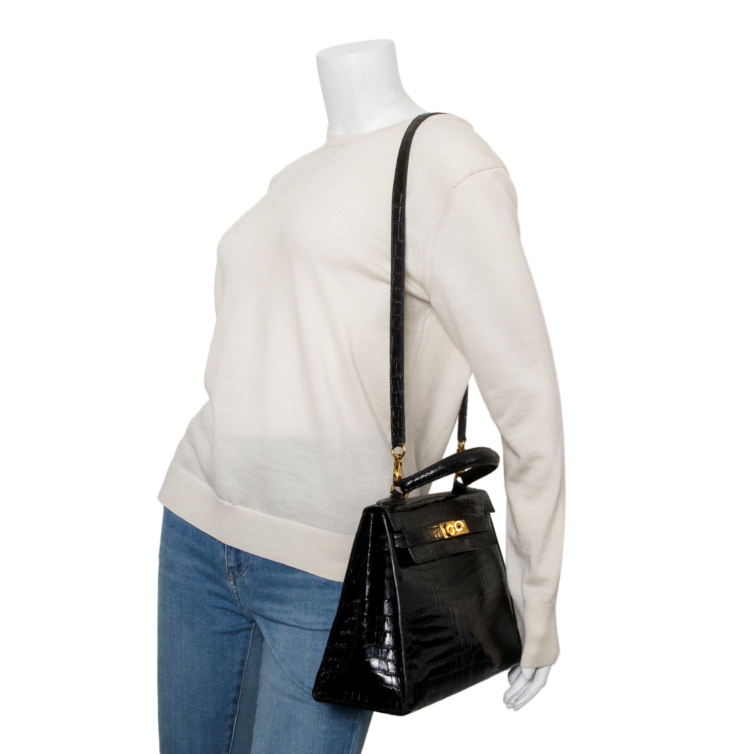 Hermes Vintage Noir Crocodile Nioticus Kelly Sellier 28 w/ Strap