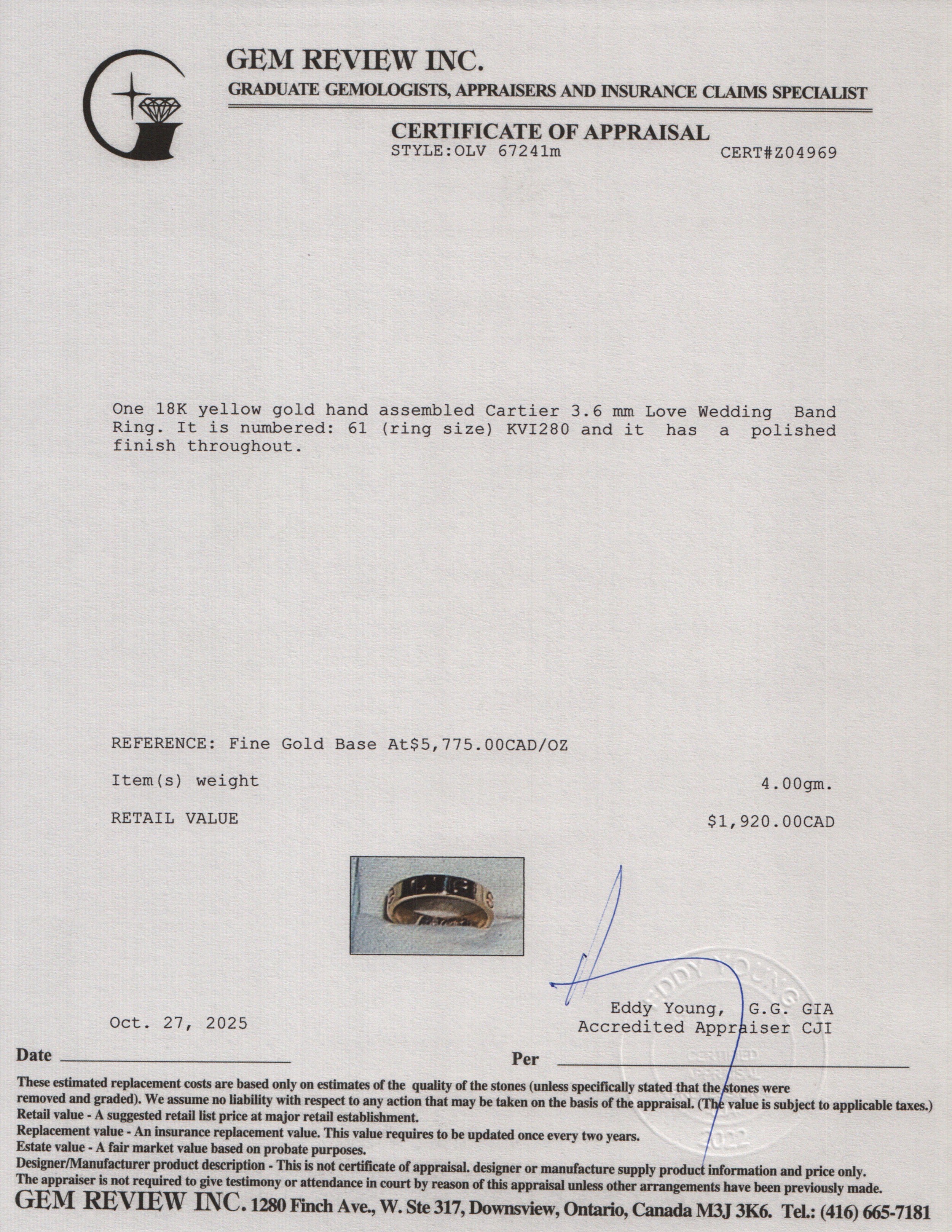 Cartier 18k Yellow Gold 3.6 mm Love Wedding Band Ring, Size 61 9.5 w/ Box & Certificate