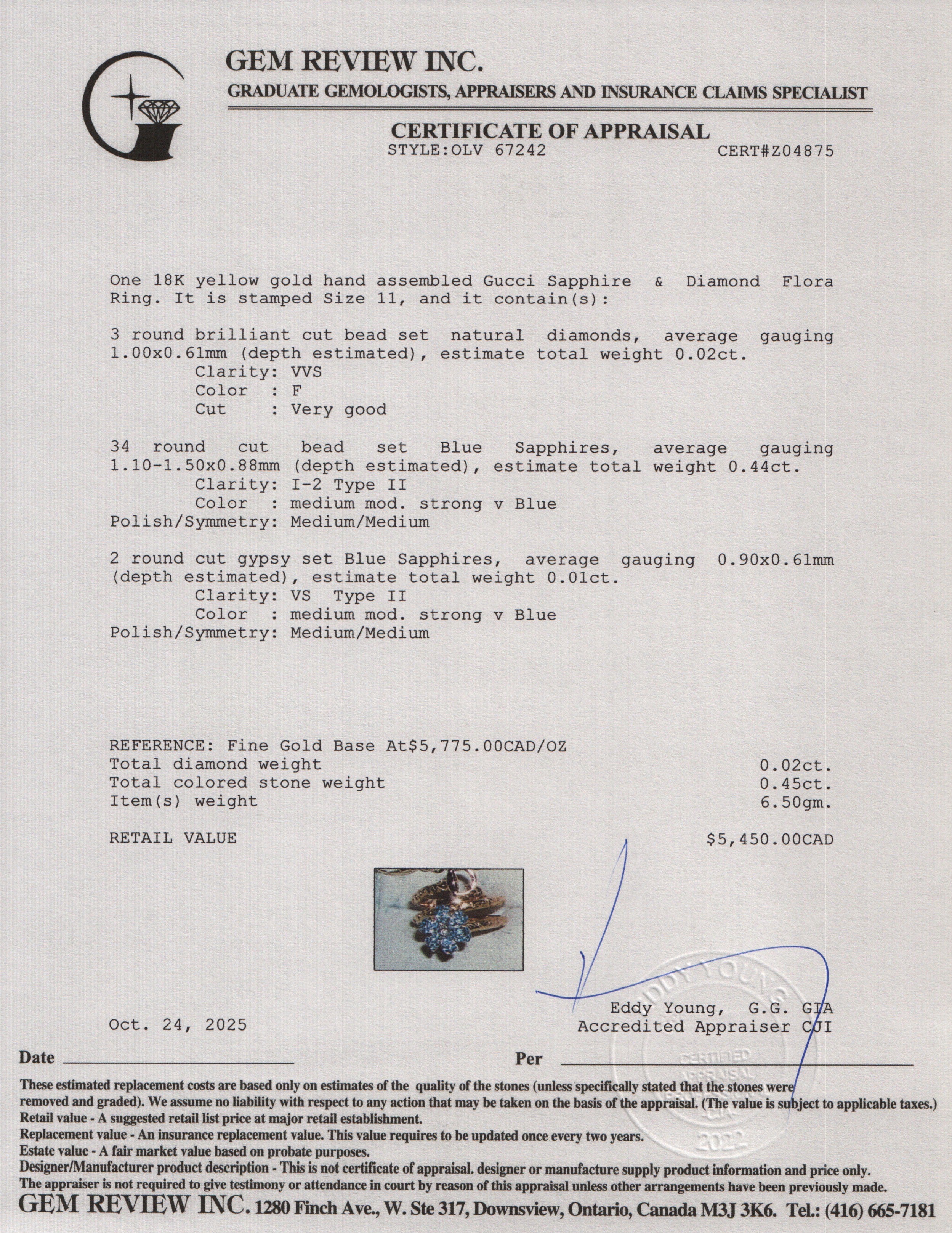 Gucci 18k Yellow Gold Sapphire & Diamond Flora Ring, Size 11 5.75 w/ Box