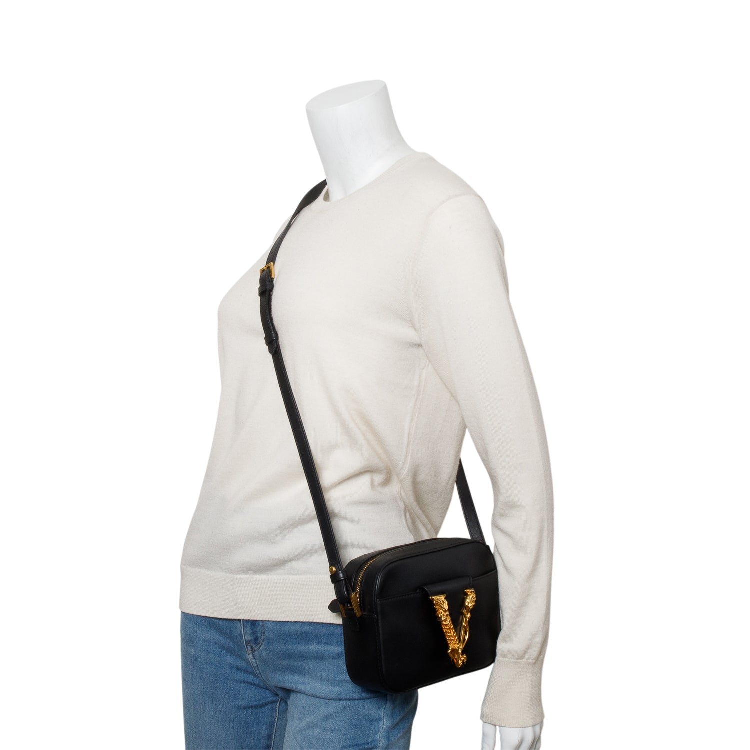 Versace Black Calfskin Leather Virtus Camera Bag