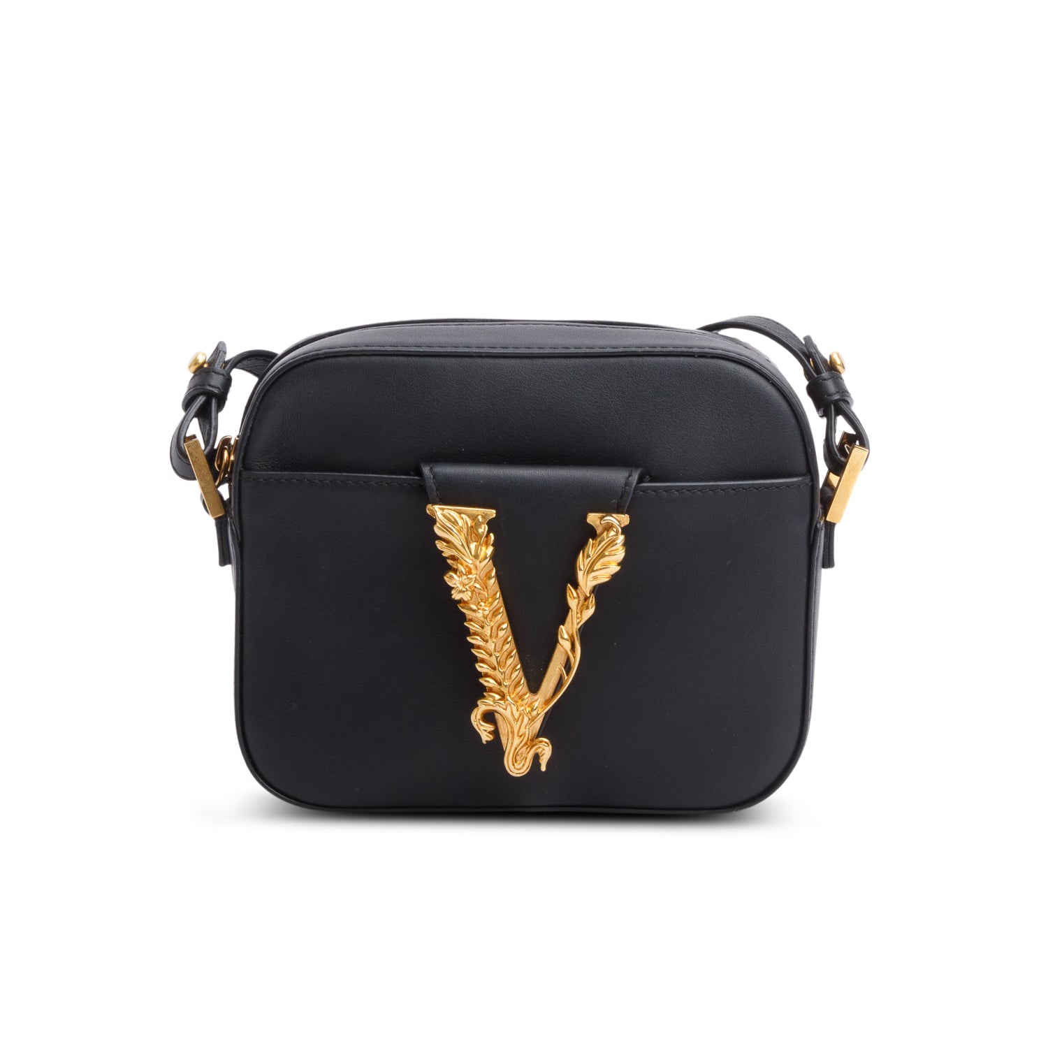 Versace Black Calfskin Leather Virtus Camera Bag